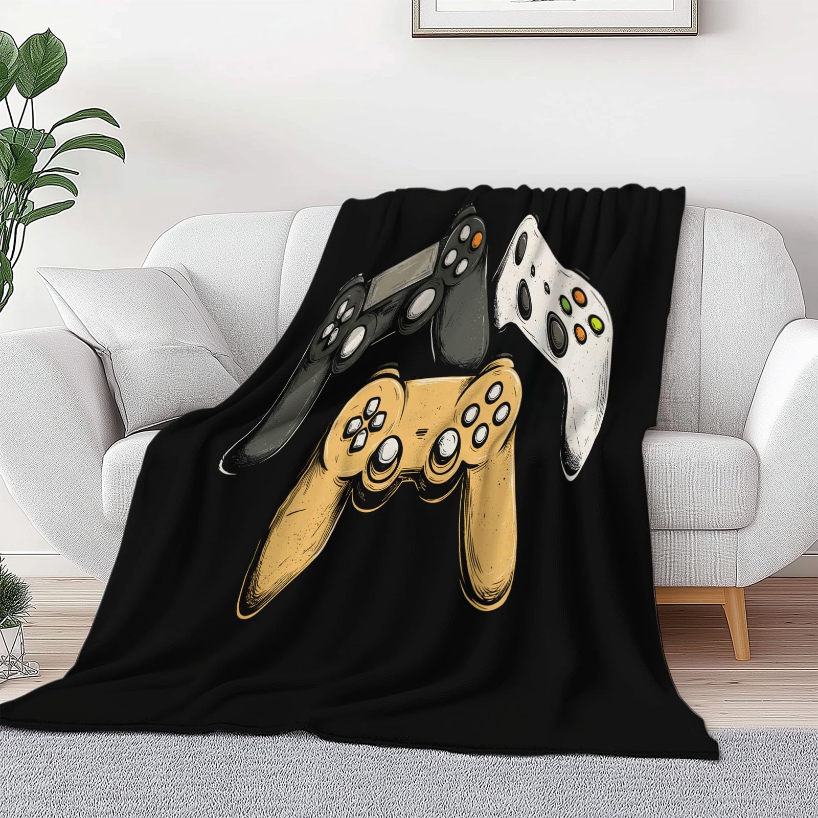 200 x 200 cm, koc do wtulania się, czarny, prosty kontroler gier, puszysty koc flanelowy, pluszowy koc polarowy Sherpa, koc polarowy, przenośny, na podróż, sofę i kemping, jako narzuta na sofę lub