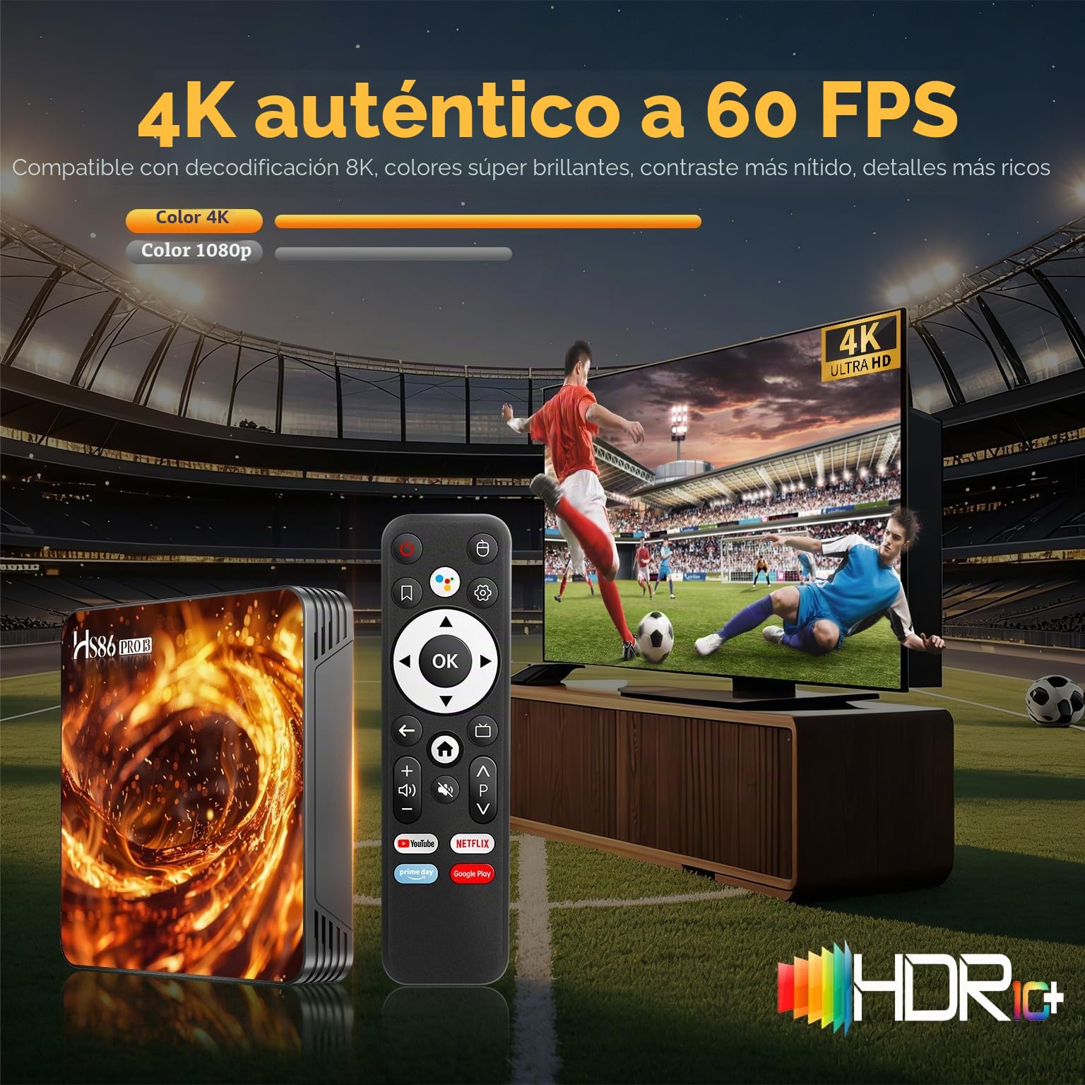 Android 14.0 TV Box 4K@60FPS Android Box 4G RAM 64G ROM RK3528 Smart TV Box 8K HD Streaming Media Player Resolución UHD 2.4GHz 5.0GHz Dual WiFi6 HDR10 BT5 10/100M LAN Enternet Bluetooth Control remoto