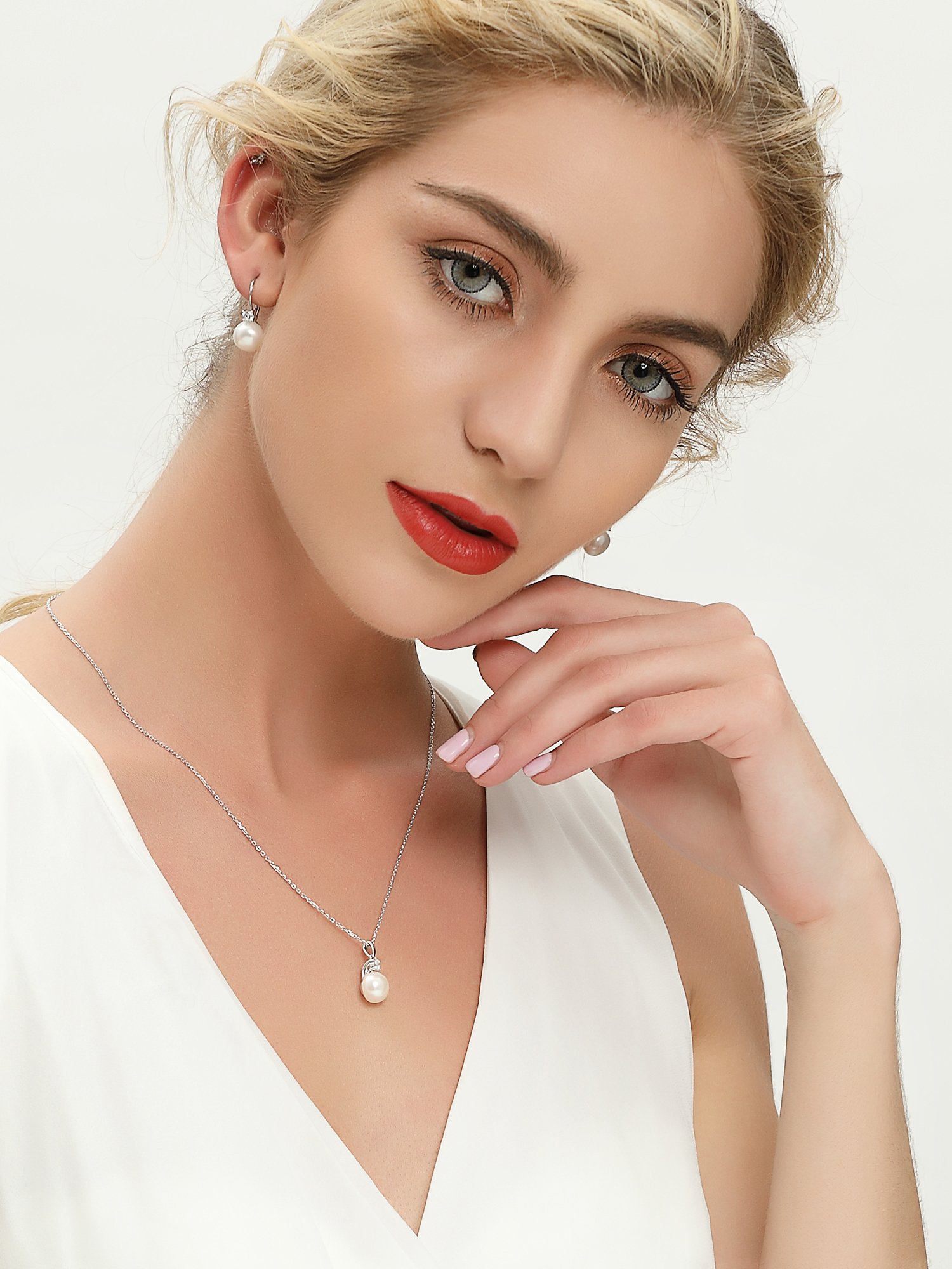 JO WISDOM Damen Perlen Kette Silber 925,Halskette Anhänger 8mm/10mm Weiß/Schwarz Süßwasserperle mit 3A Zirkonia,Schmuck für Frauen