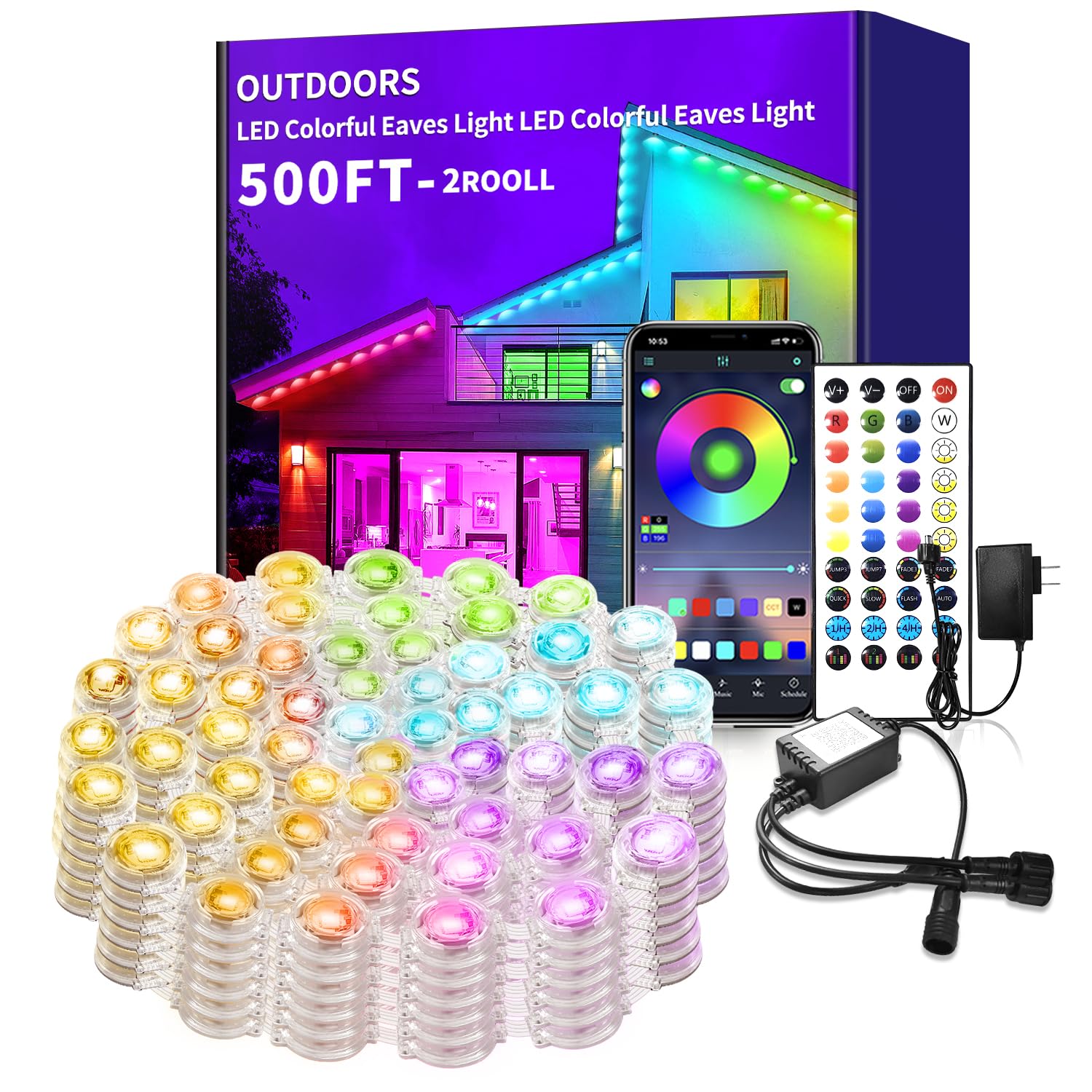 Luce permanente per esterni da 152,4 m, RGB Smart Outdoor con APP e telecomando, sincronizzazione musicale temporizzata IP67 impermeabile LED grondaia, adatta per feste, Halloween, Natale, tetto