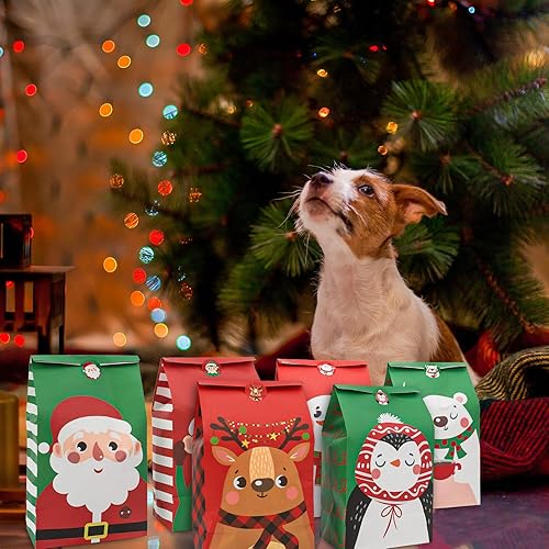 Miniatura 7 de Whaline Paquete de 60 bolsas de regalos de Navidad, diseño navideño, bolsas de regalo de Papá Noel con 60 etiquetas de regalo de Navidad para aulas,