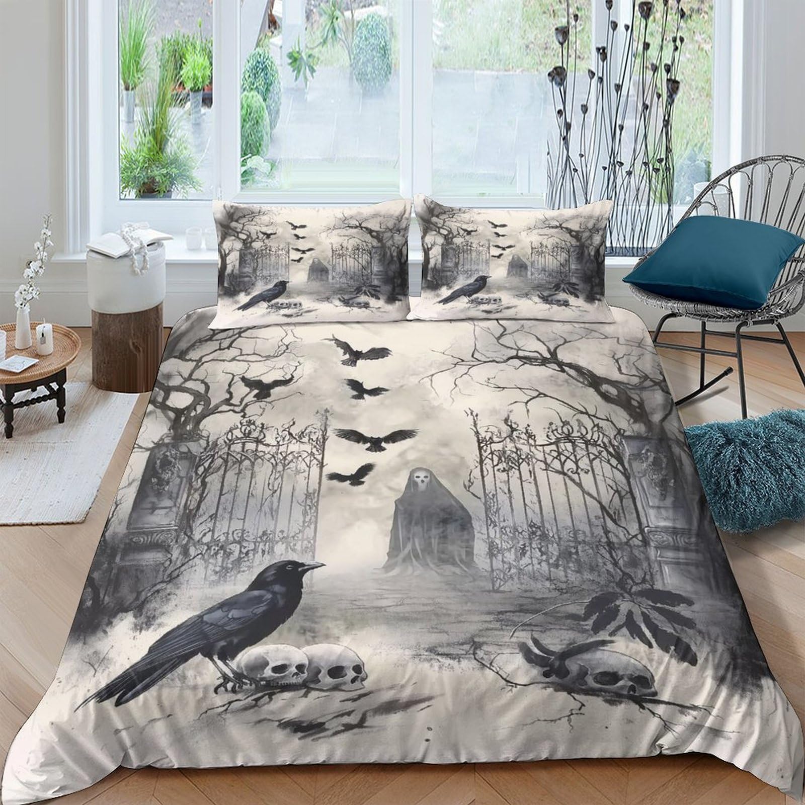 Ctjqhvkz Style-10 3D Printed Gothic Crow Fitted Sheet Microfiber Soft Breathable Cemetery Gate Mattress Cover For Bedroom Dorm Decor Single（135X200cm）