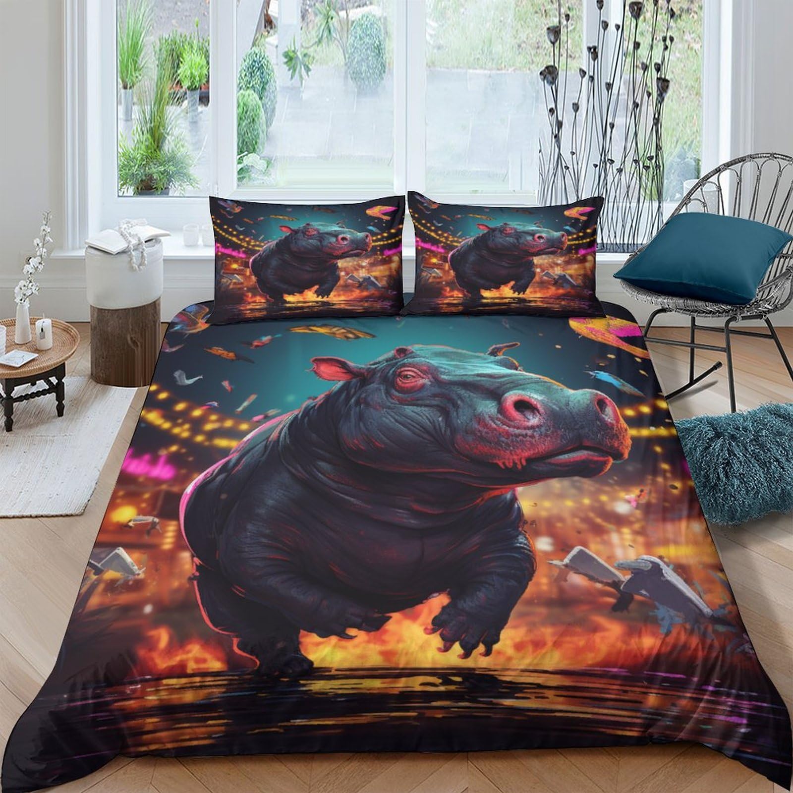 Parure de lit microfibre hypoallergénique contre les allergies et acariens motif hippopotame