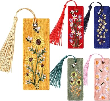 Skyygemm 5 Pcs Floral Embroidered Bookmarks with Tassels for Women Cute Handmade Flower Bookmark Bulk Linen Hand Embroidered Bookmark, Unique Book Lovers Gifts for Women Reading Lovers