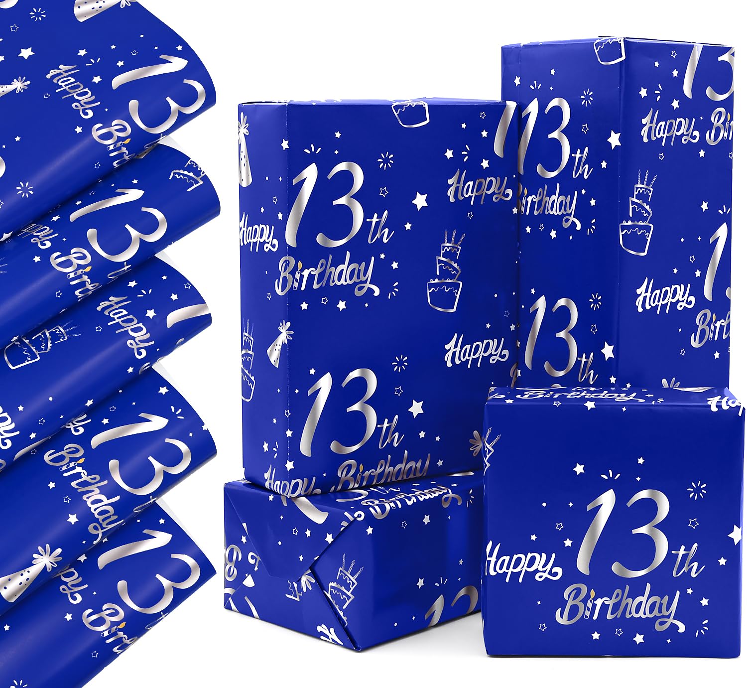 QRTDXP Navy Blue 13th Gift Wrapping Paper Sheets,5pcs 50 * 70cm Large Silver 13th Birthday Paper, Blue Eco-friendly Gift Wrap Perfect for Wrapping Present for Boys Girls