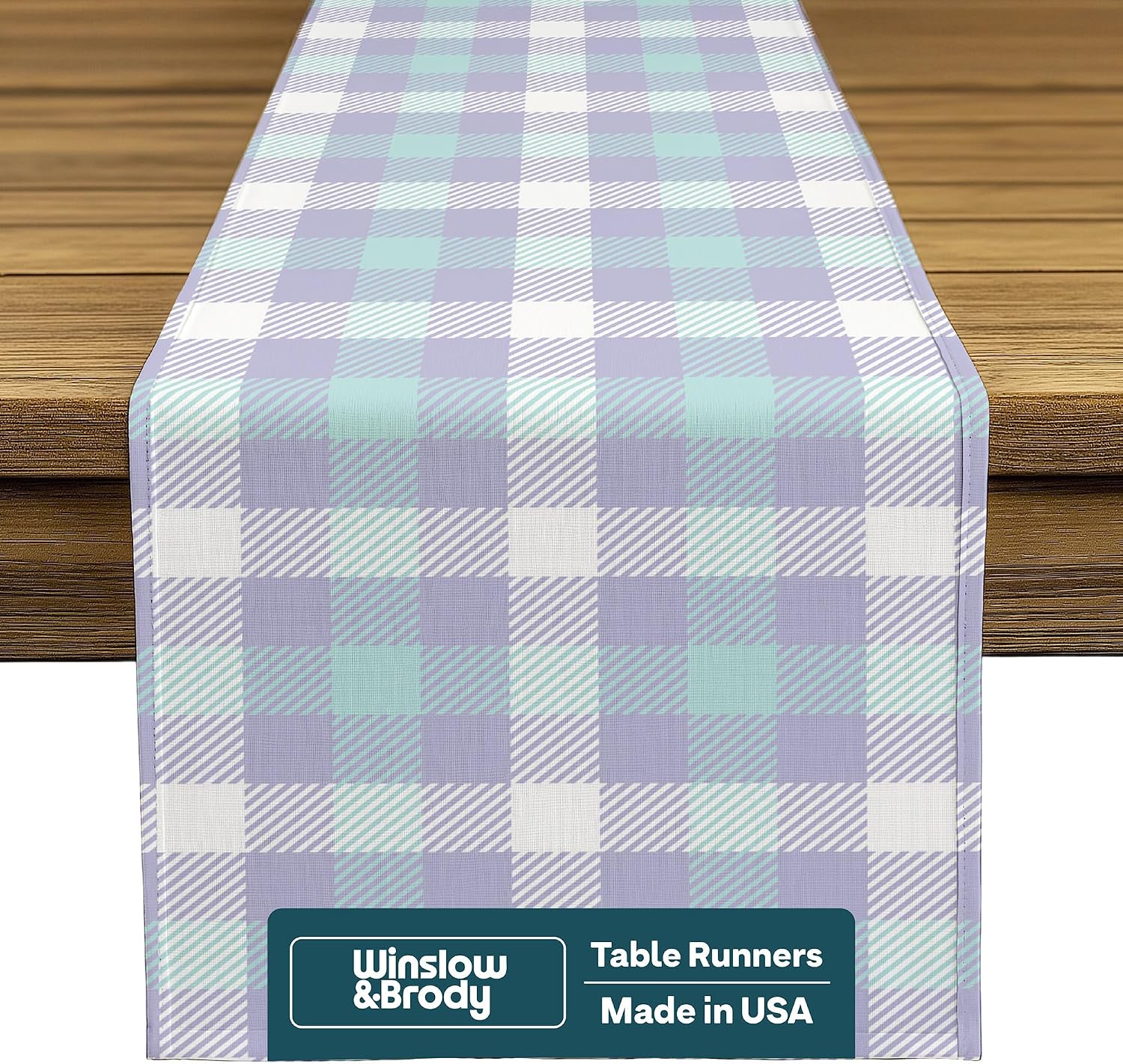 Plaid Table Runner | Made in America | Lavender Teal White Checkered Table Runner | Washable, Stain & Wrinkle Resistant | Summer Table Decorations for Home | 14 x 108 Inches Long