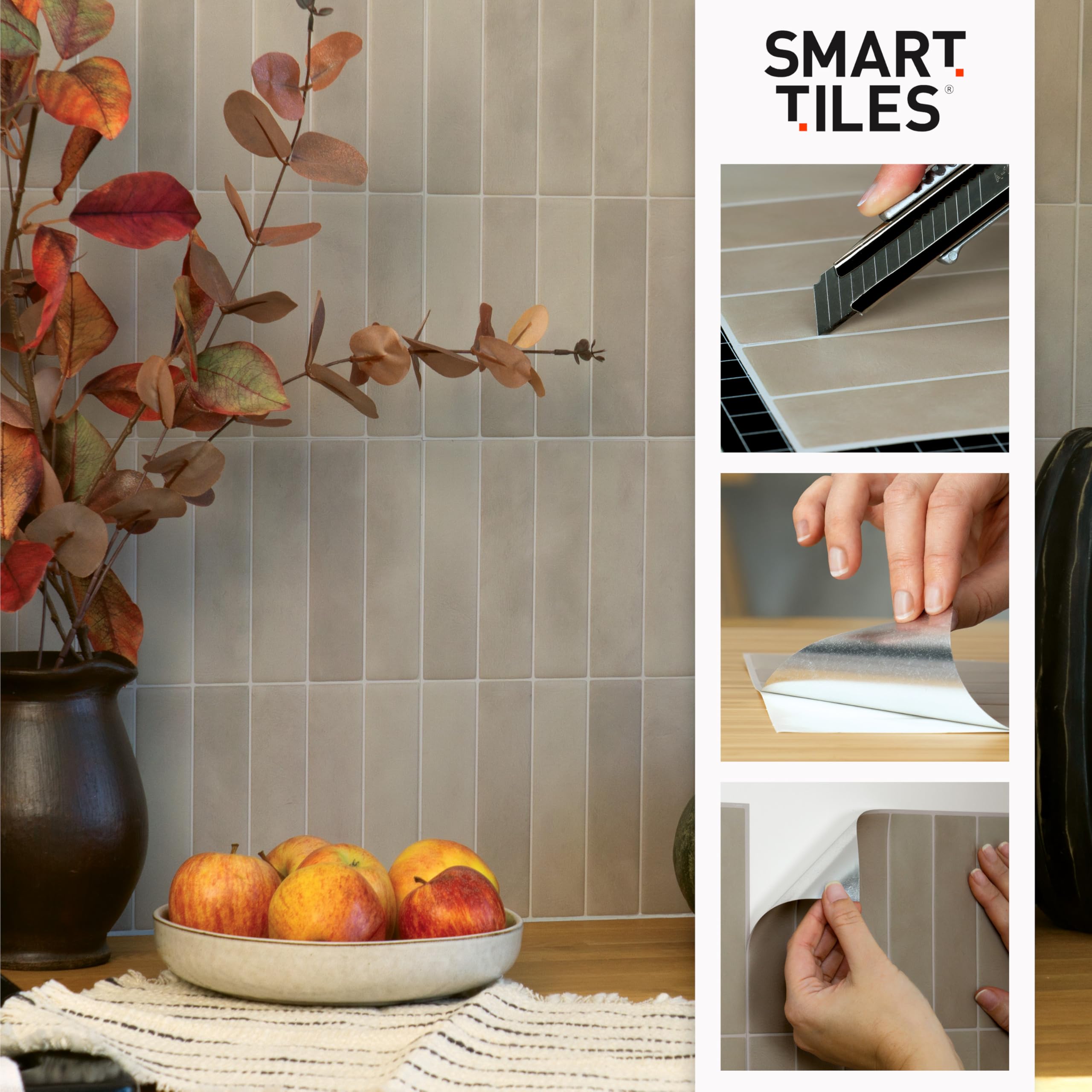 Smart Tiles Crédence adhésive pour cuisine et salle de bain, sticker carrelage mural, carreaux blanc-gris autocollants, lot de 5 feuilles, 29 x 22.86 cm