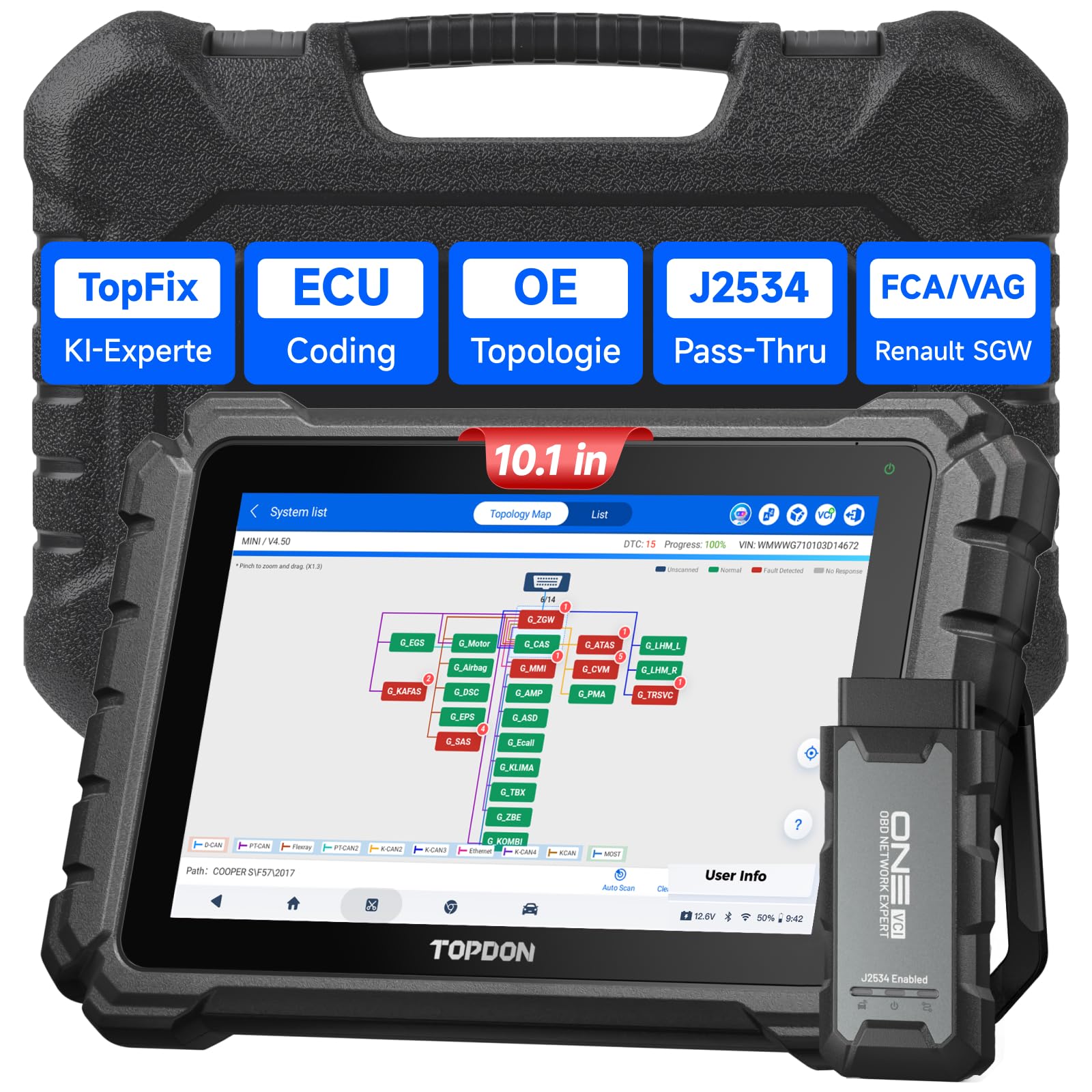 TOPDON ONE 10,1 Zoll OBD2 Diagnosegerät Auto, ECU Codierung & bidirektionaler, OE-Topologie-Mapping, J2534 Pass-Thru, 50+ Servicefunktionen, CAN-FD & DoIP, FCA/Renault/VAG SFD SGW Zugriff, TopFix KI