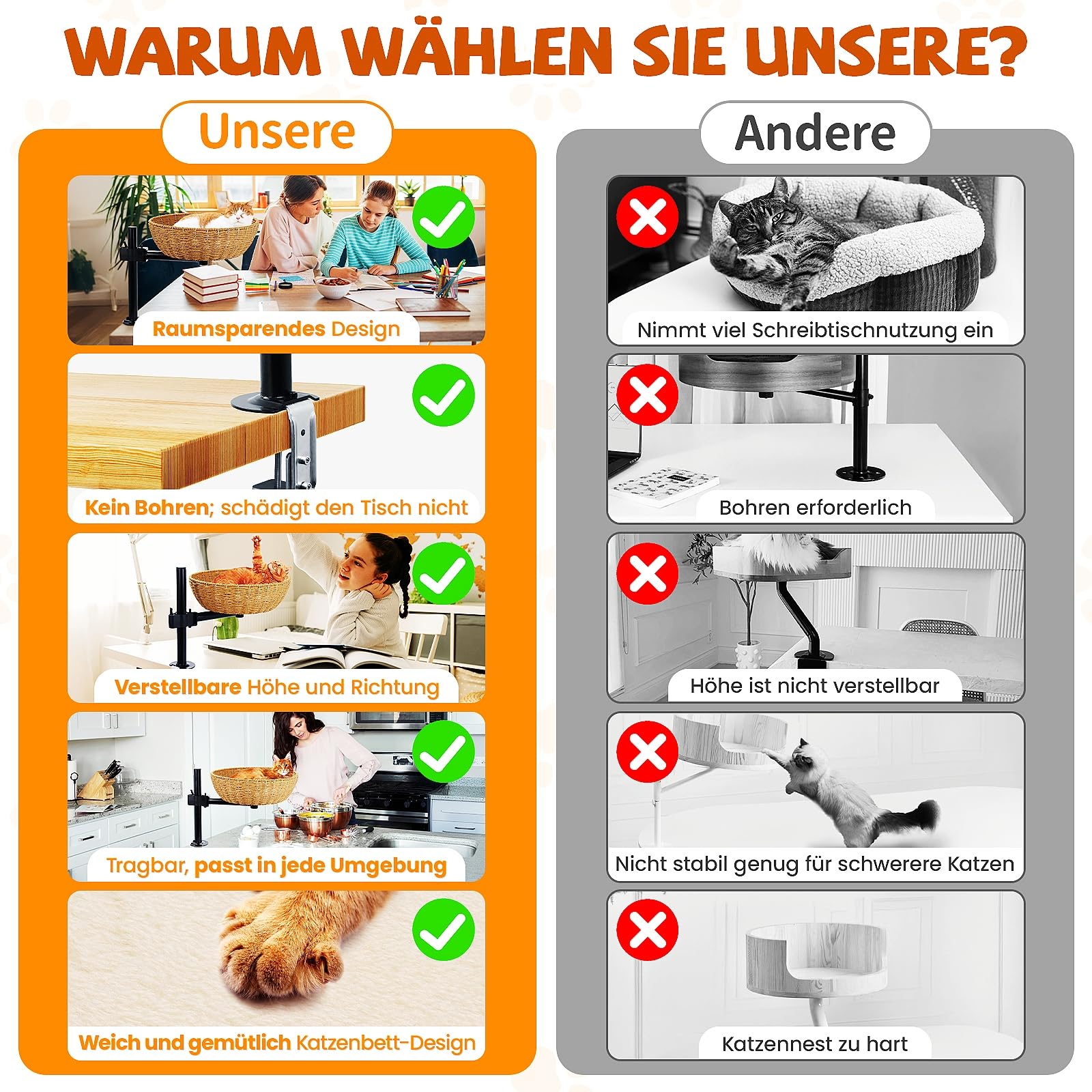 Katzenbett für Schreibtisch - 360°Drehung, verstellbare Höhe Kein Bohren Erhöhtes Katzenhaus über Schreibtisch Hält Kätzchen Katze nah und Arbeitsbereich Klarer Tisch-Katzenbett mit Haustier-Kissen