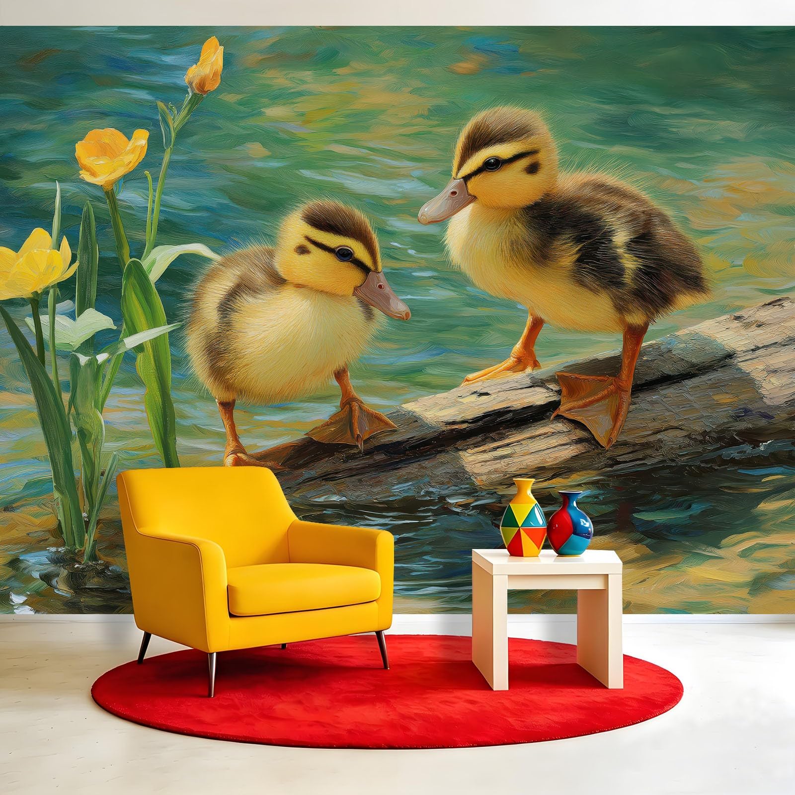 Fototapeta z włókniny, motyw zwierzęcia, kaczka, 350 x 256 cm, do salonu, sypialni, tapeta z włókniny, tapeta ścienna, efekt 3D, kwiaty, kwiaty, zielony liść, staw, pień drzewa