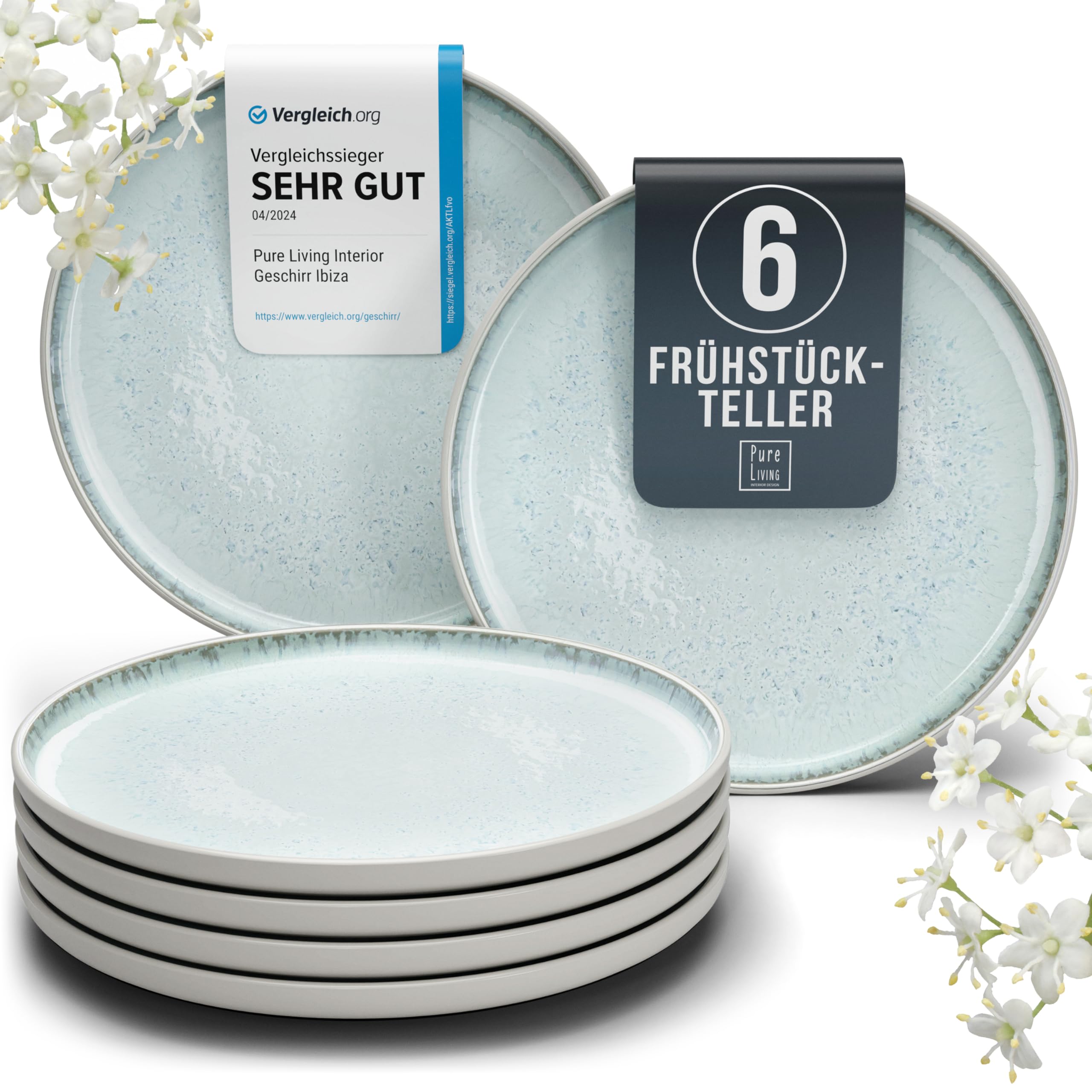 Steingut Frühstücksteller 6 Personen Ibiza TESTSIEGER, Traumhaftes Mediterranes Steingut Dessertteller Set, Kleine Teller, Salatteller - Pure Living in Beige-Blau