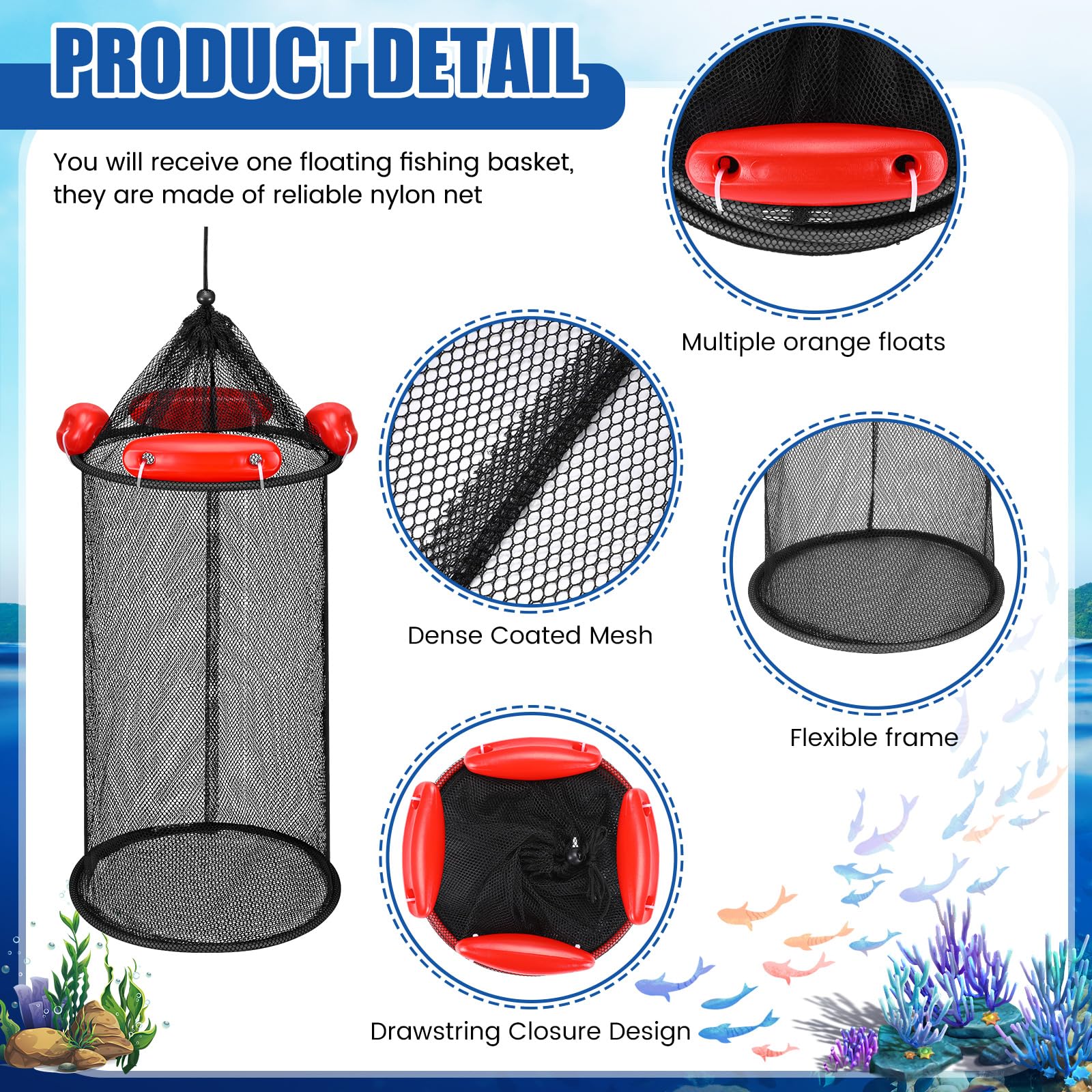 Cesta de pesca flotante plegable grande para peces, cesta de pesca flotante, cubo de red para almacenamiento de cebo, jaula para mantener camarones de pececillos