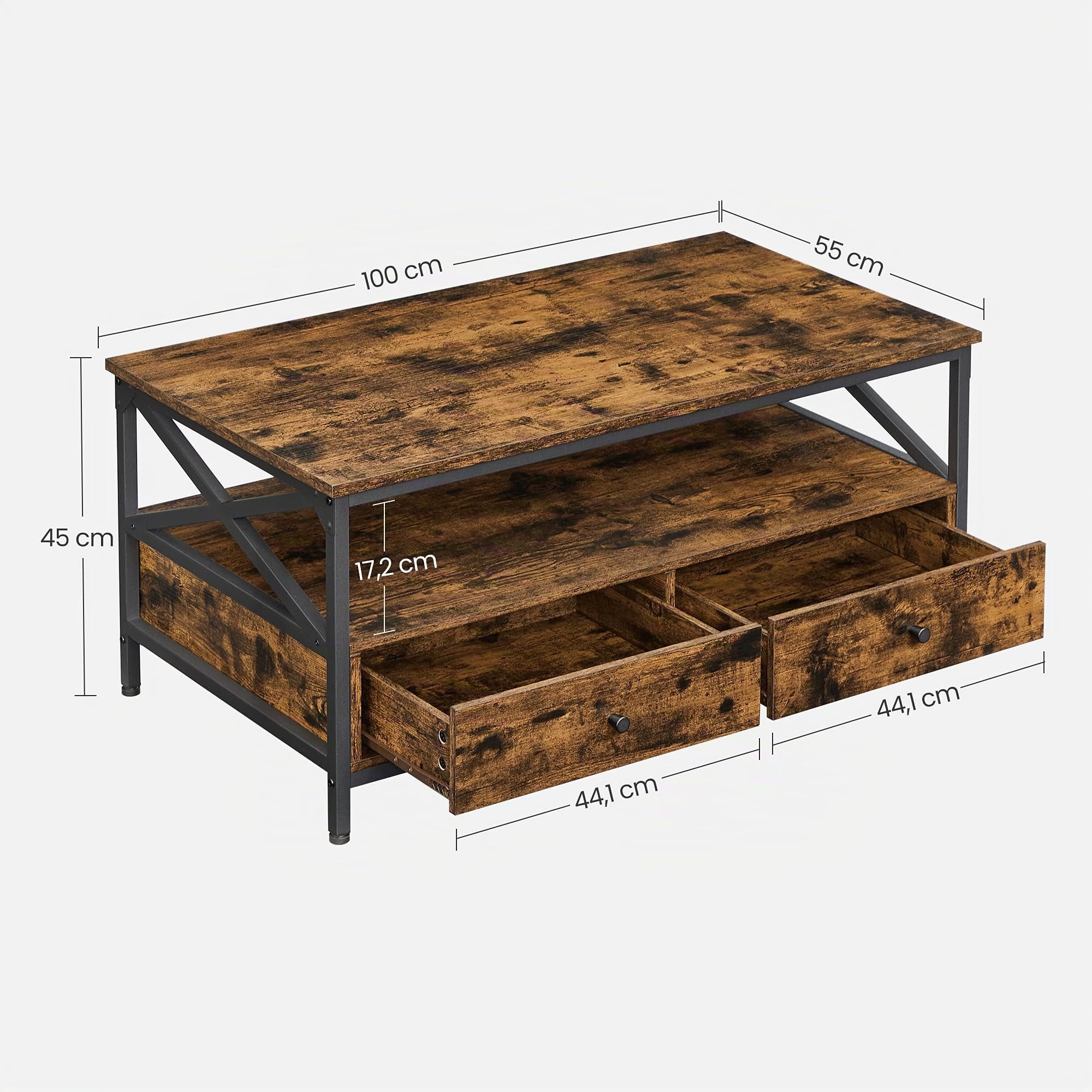 VASAGLE Couchtisch, Wohnzimmertisch, Sofatisch, für Wohnzimmer, mit Schubladen, X-förmige Streben, offenes Fach, Industrie-Design, vintagebraun-schwarz LCT201B01