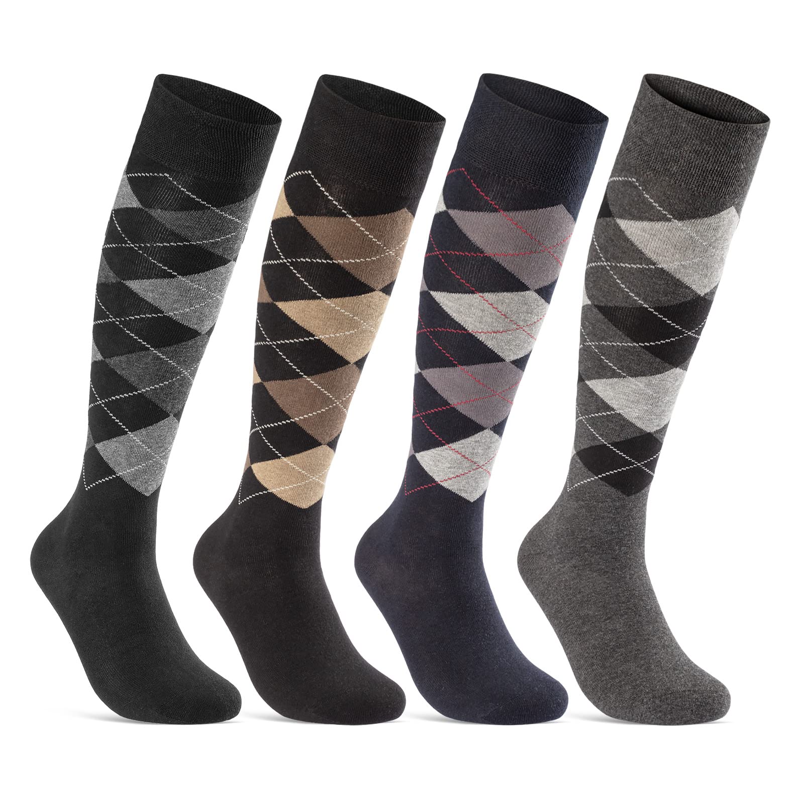 sockenkauf24 4 Pairs Men's Knee Socks Checked Pattern Cotton with Comfort Waistband and Without Seam
