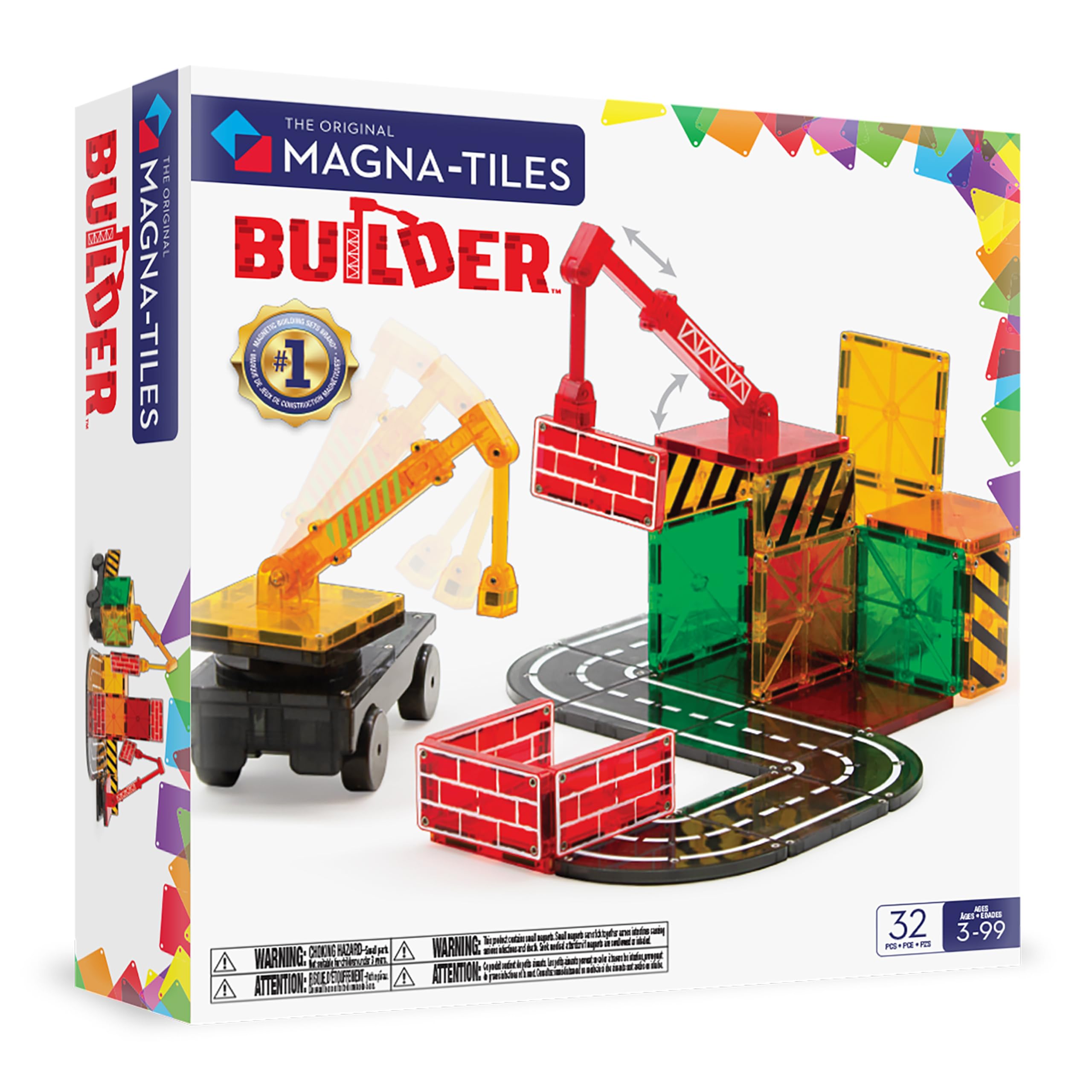 Magna-Tiles Builder 32‑teiliges Magnetbaukasten mit Straßenplatten, Kran und Fahrzeug, ab 3 Jahren, STEAM-Spielzeug zum kreativen Bauen, kompatibel Sets