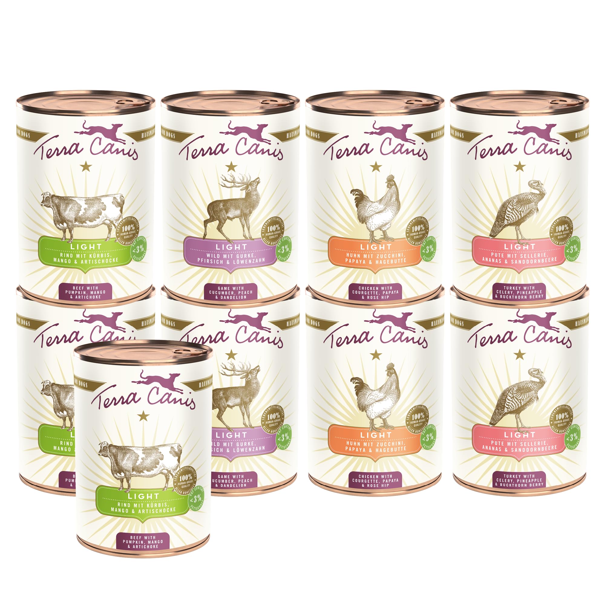 Terra Canis Pacchetto di conoscenza Light, cibo umido per cani, 9x400g | Materie prime di qualità alimentare al 100%, linea Light ricca e sana, povera di allergeni e senza glutine