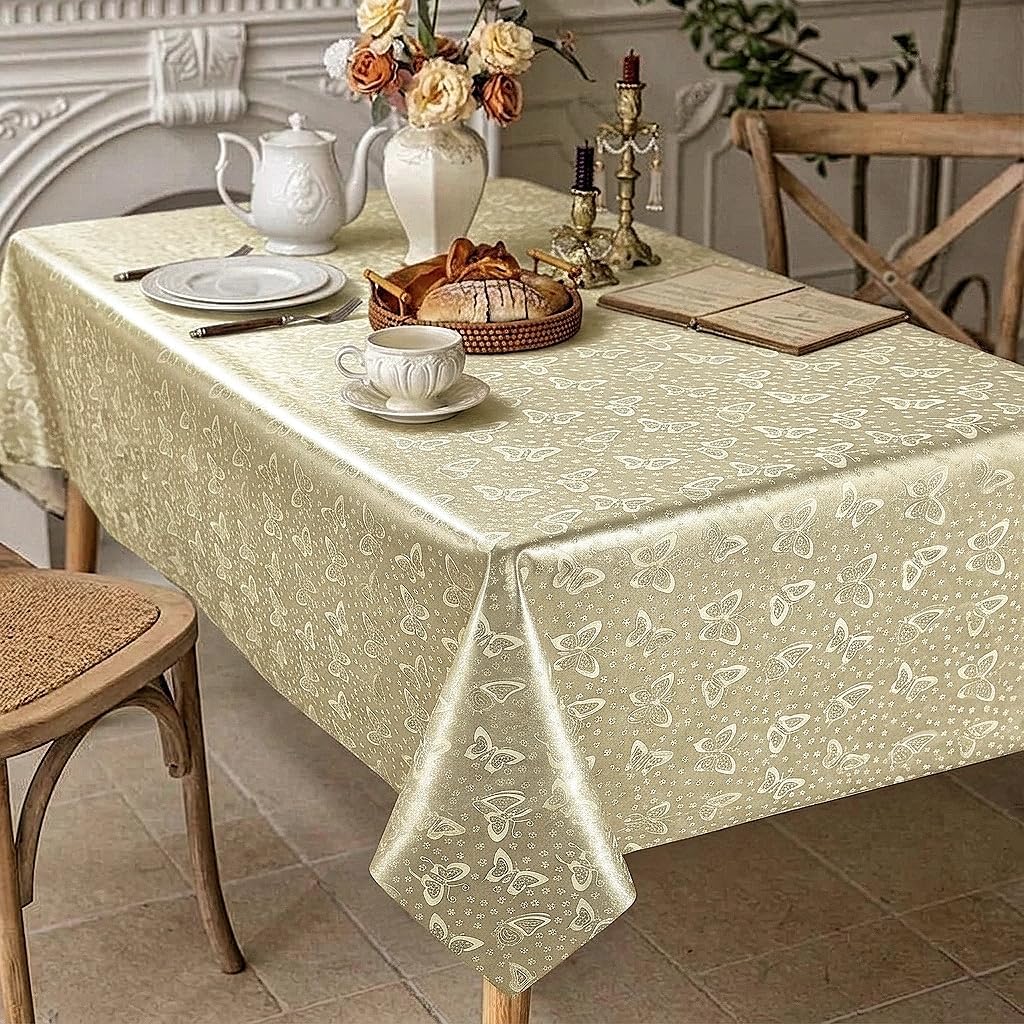 FAVE Gold Vinyl Tablecloth for Rectangle Tables 55x87 Inch, Waterproof Wipeable Table Cover, Heavy-Duty Stain-Resistant Tablecloth for Dining Party Wedding Picnic Indoor Outdoor Use(Butterfly)
