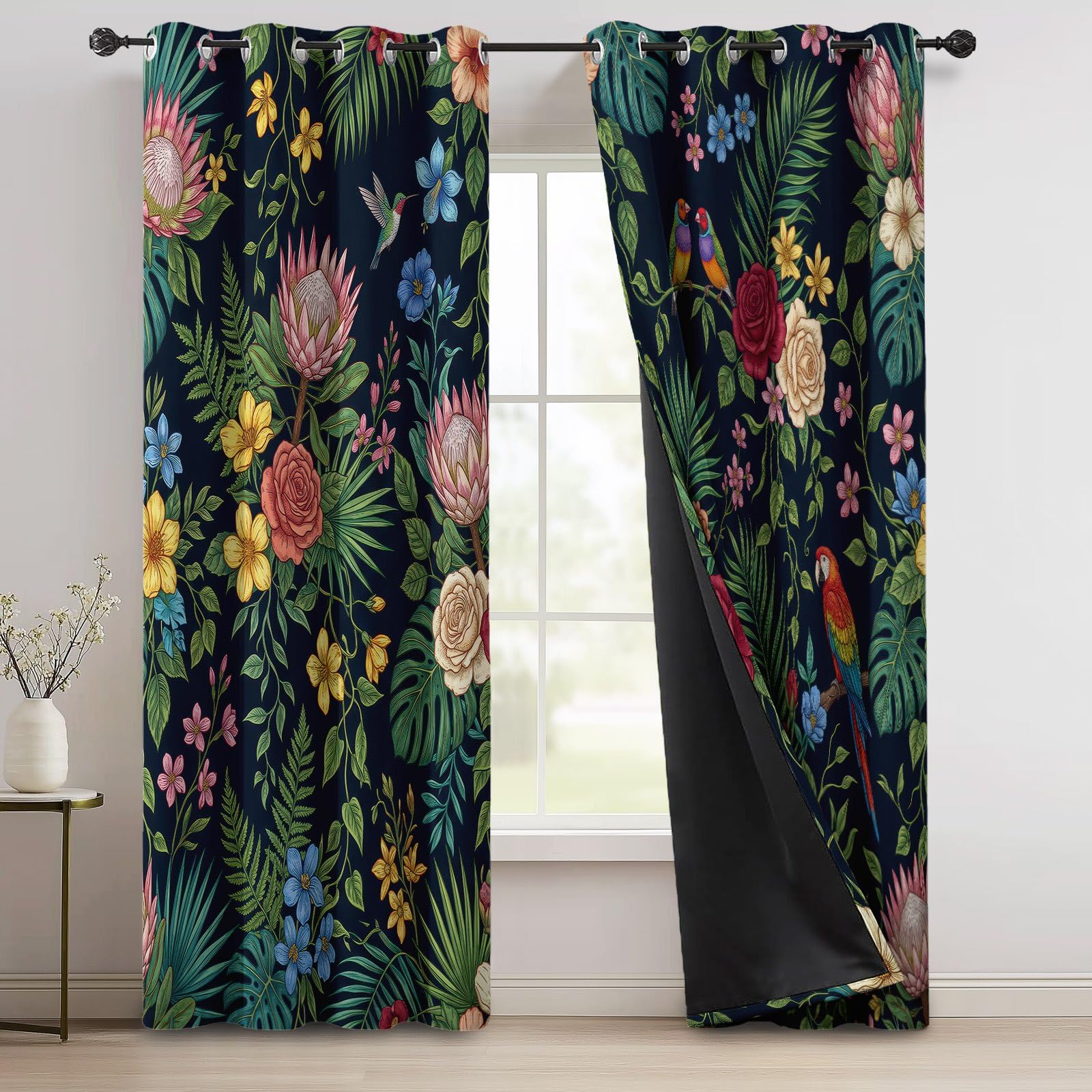 Tende oscuranti multicolore, tropicali giungla, botanica, fiori uccellini, foglie oscuranti, per camera da letto, soggiorno, cucina, decorazione finestra, isolamento termico, 2 pannelli 117 x 138 h cm