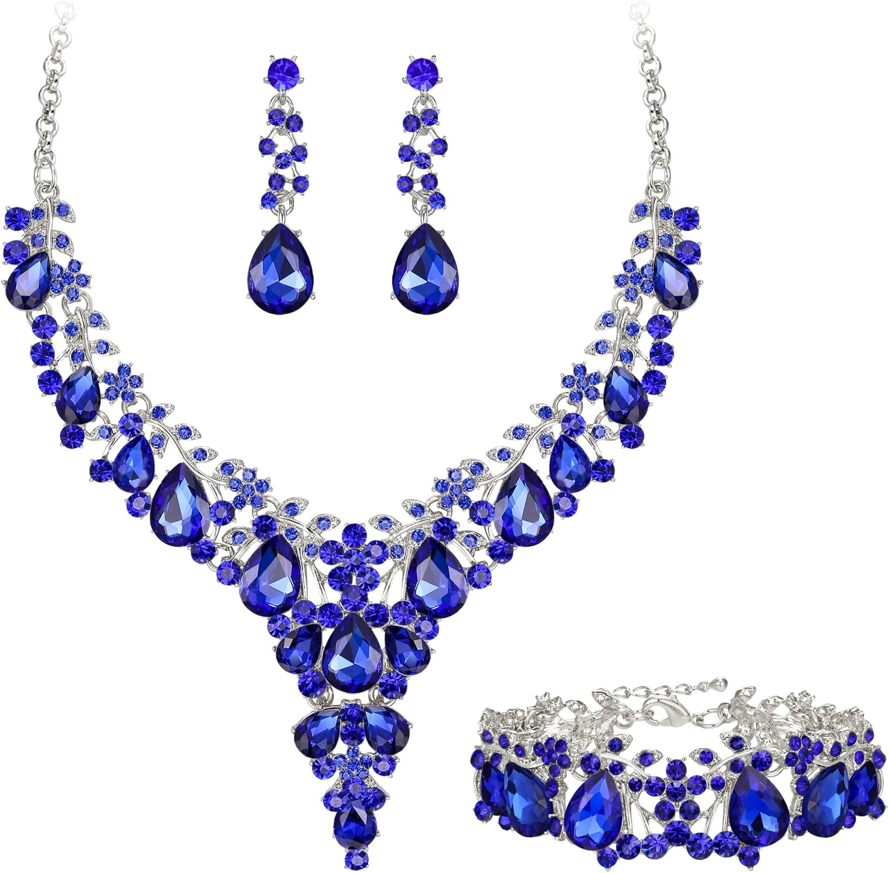 EVER FAITH Brilliant Wedding Jewelry Set for Women, Stunning Crystal Flower Round Teardrop Statement Bridal Statement Necklace Dangle Earrings Bracelet Set