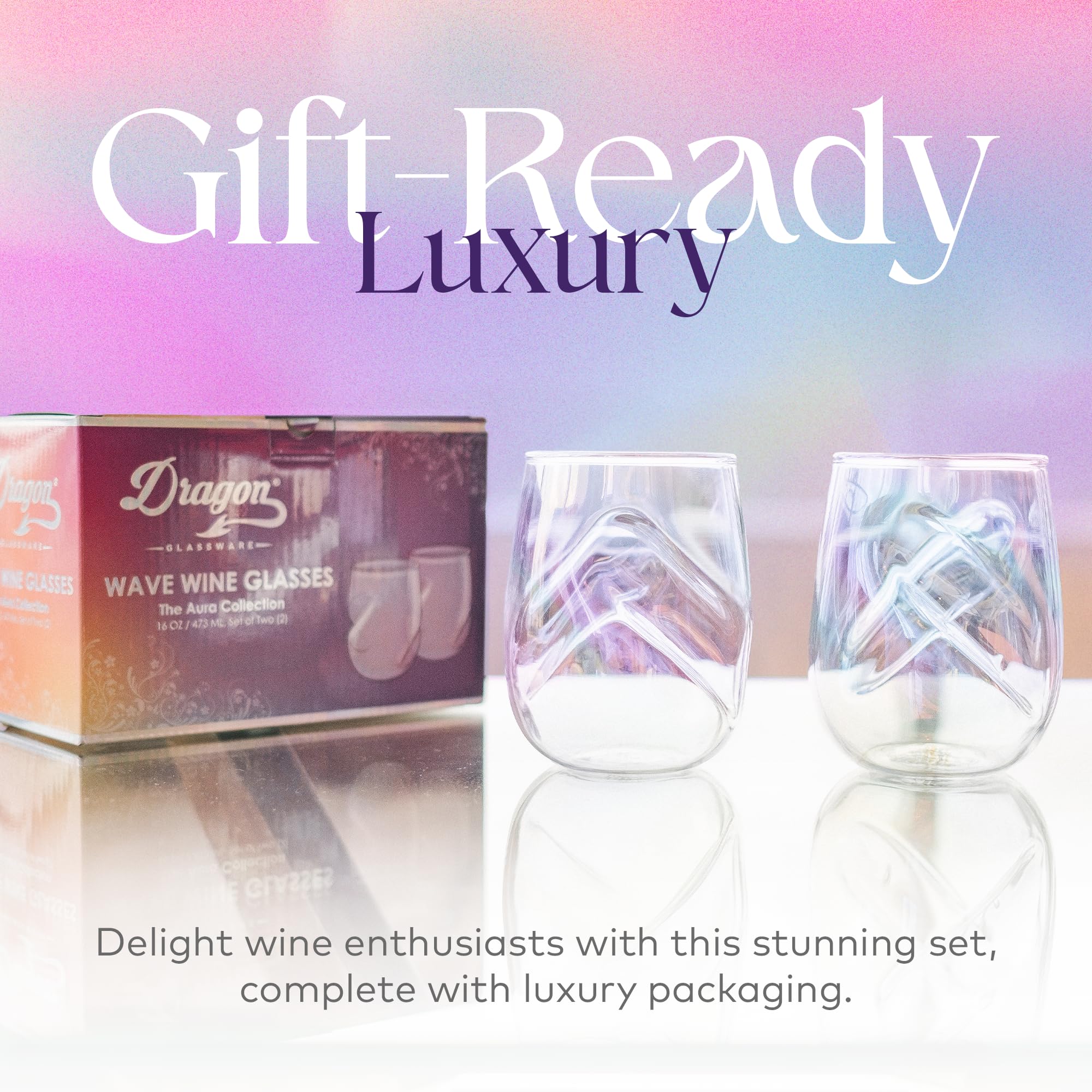Amazon.com | Dragon Glassware Stemless Wine Glasses - 16 oz Stemless Wine  Glass Set with Finger Indentations - Set of 2 Iridescent Glassware -  Aerates Naturally: Wine Glasses