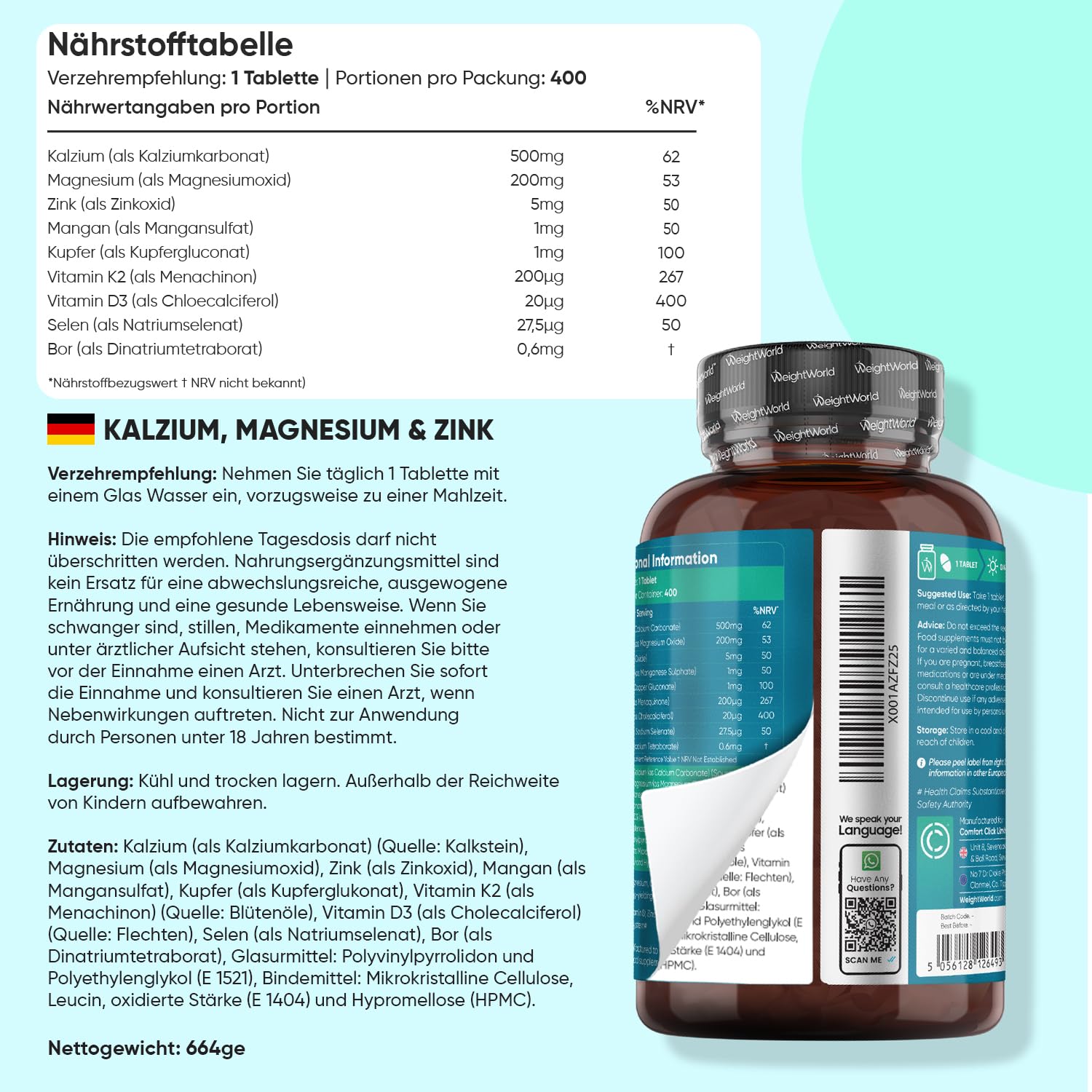 Multivitamin + Omega 3 + Kalzium Magnesium Zink - Vegan, Gemäß GMP & Frei von Gluten, Gentechnik - WeightWorld