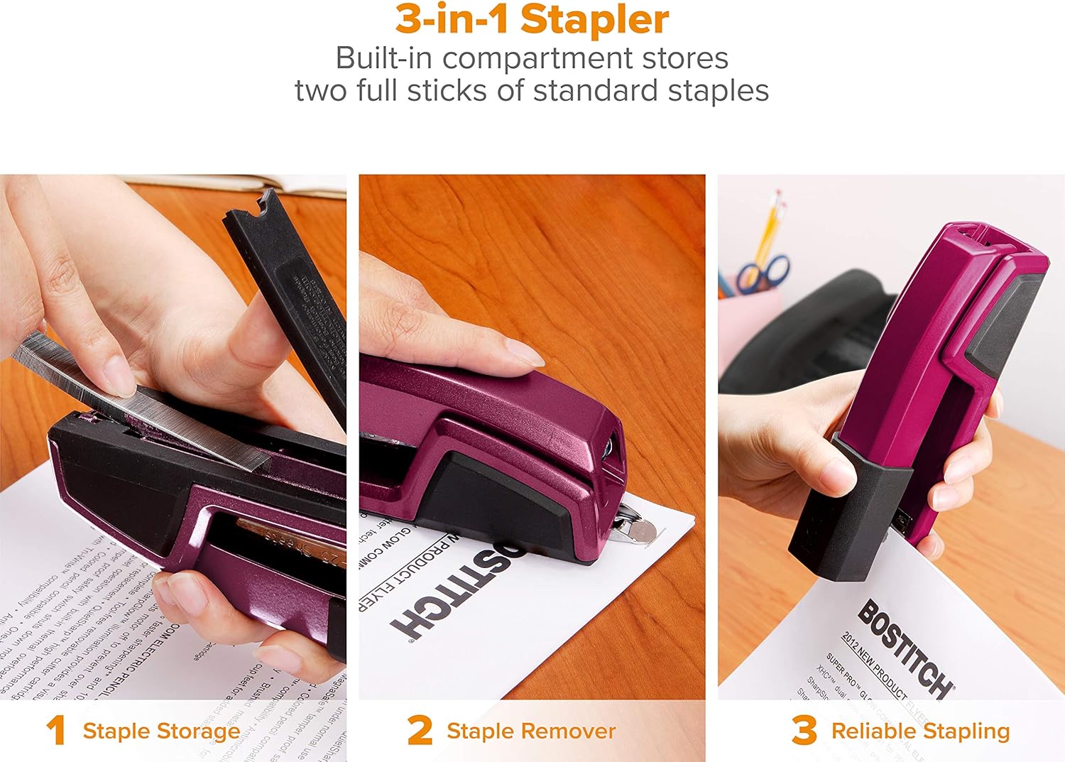 Bostitch Office Epic Metal 3 in 1 Stapler, 25 Sheet Capacity, Includes 210 Staples in Staple Storage Compartment & Integrated Remover,