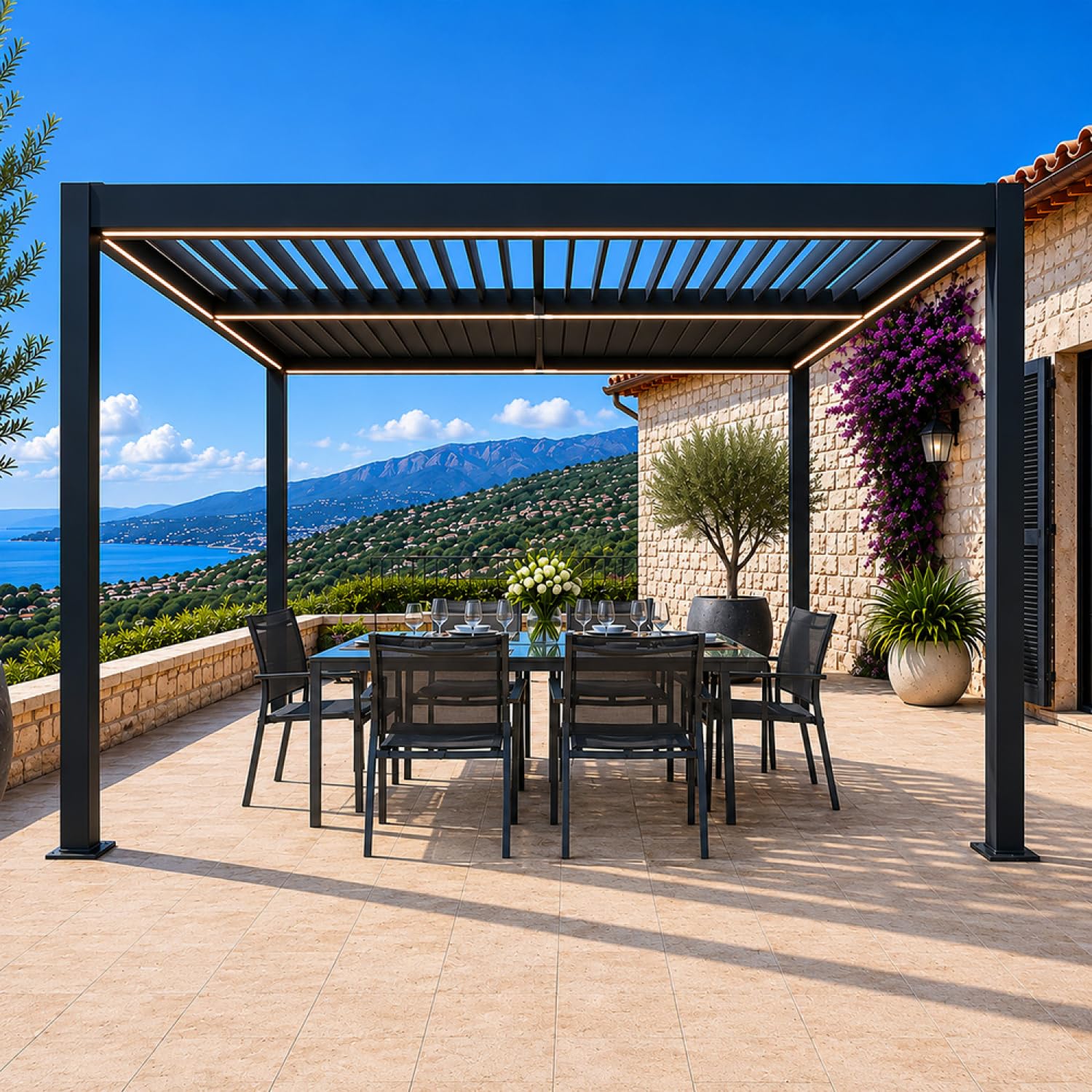 Pergola Bioclimatique CORFU LED 300 cm Noir Aluminium Lames Orientables