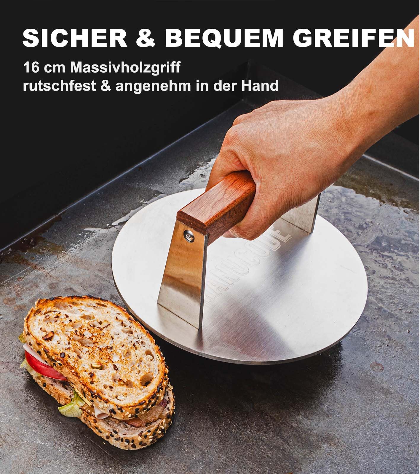 Grill Gewicht aus 304 Edelstahl – Smash Burgerpresse (1,42 kg Ø 20.5 cm) mit Hitzeabweisendem Holzgriff, für Schnelle Kruste auf Burgern & Steaks