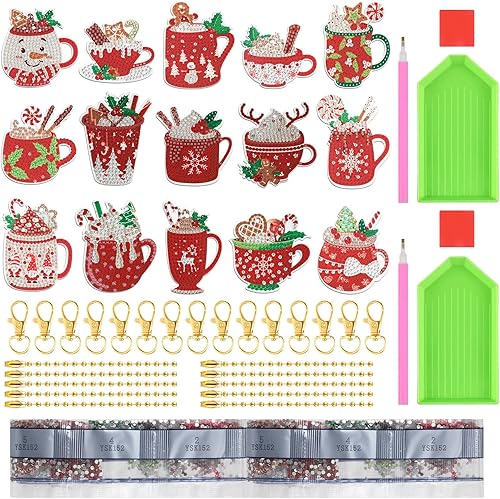 Miniatura 4 de BBTO 15 llaveros de arte de diamantes de Navidad, adornos de pintura de diamantes, adornos de cacao caliente, decoración de llavero colgante de