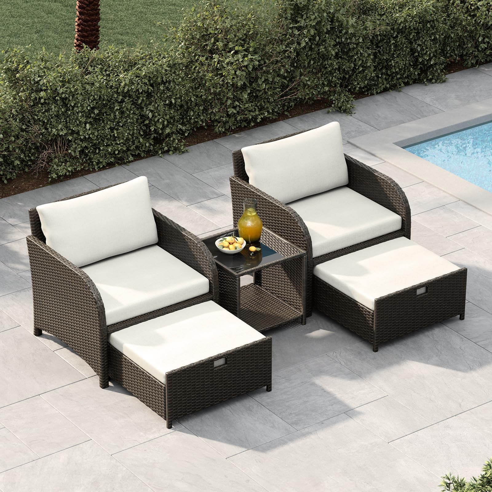 Rattan Gartenmöbel Set 5 Teilig, Lounge Möbel Outdoor Balkon | Bequemen Polstern, Ottomans,Gehärtetem Glas Couchtisch, Garten,Veranda,Terrasse,Wetterfestes ,Terrassenmöbel