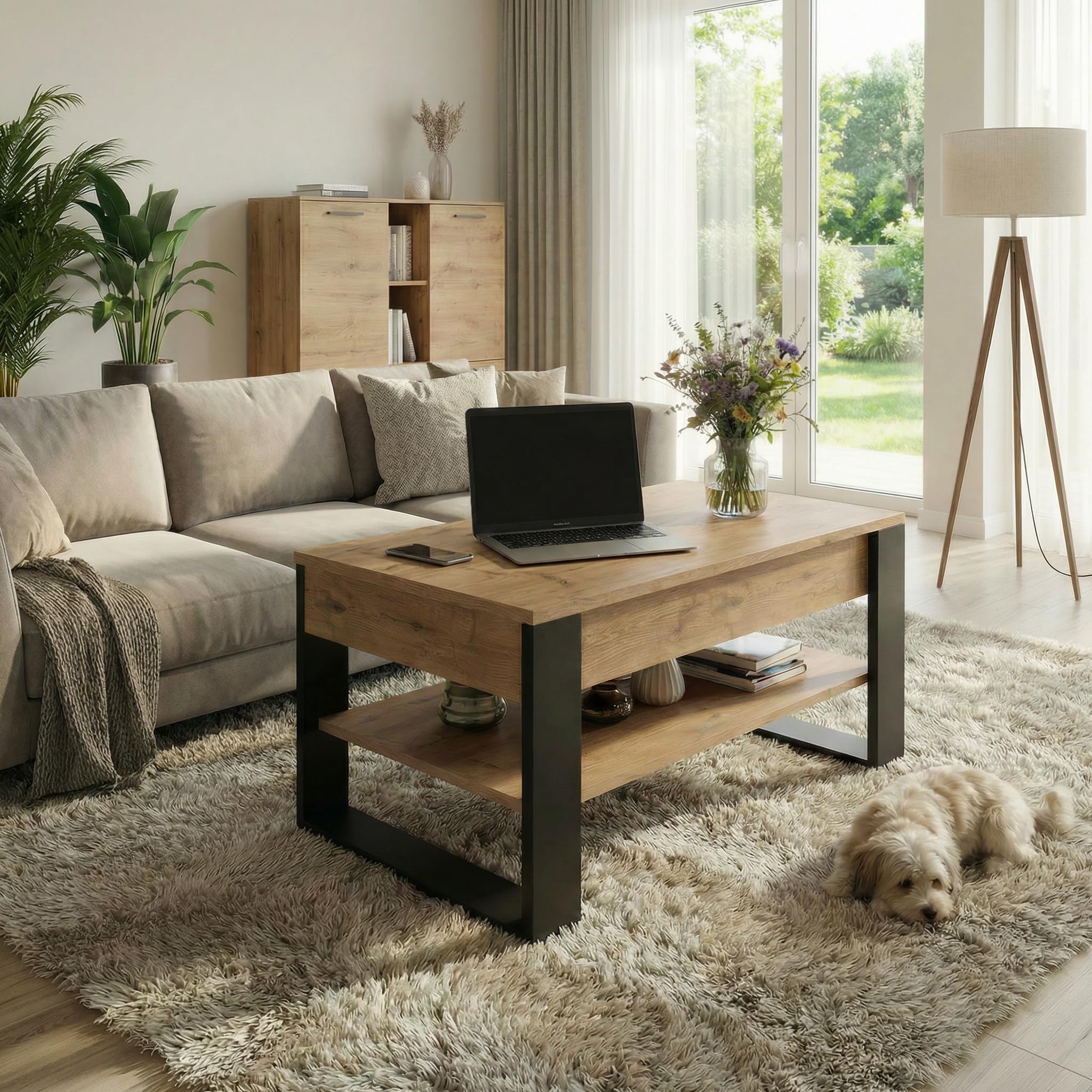 Mesa de Centro elevable | Mesa de salón Regulable con Almacenamiento | Roble Lancelot Negro con Estante y Compartimento Oculto