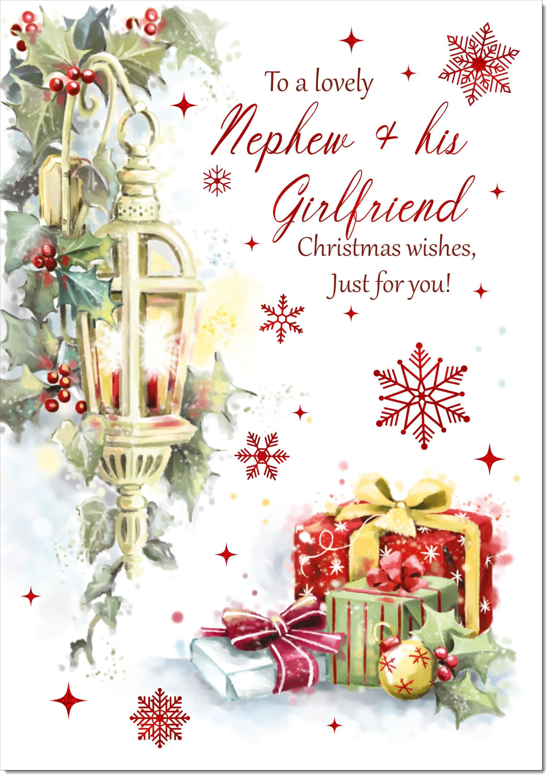 doodlecards Nephew and Girlfriend Christmas Card Lamp and Parcels Large A4 Size Christmas Card for Nephew & Girlfriend with Plain Envelope — image 1
