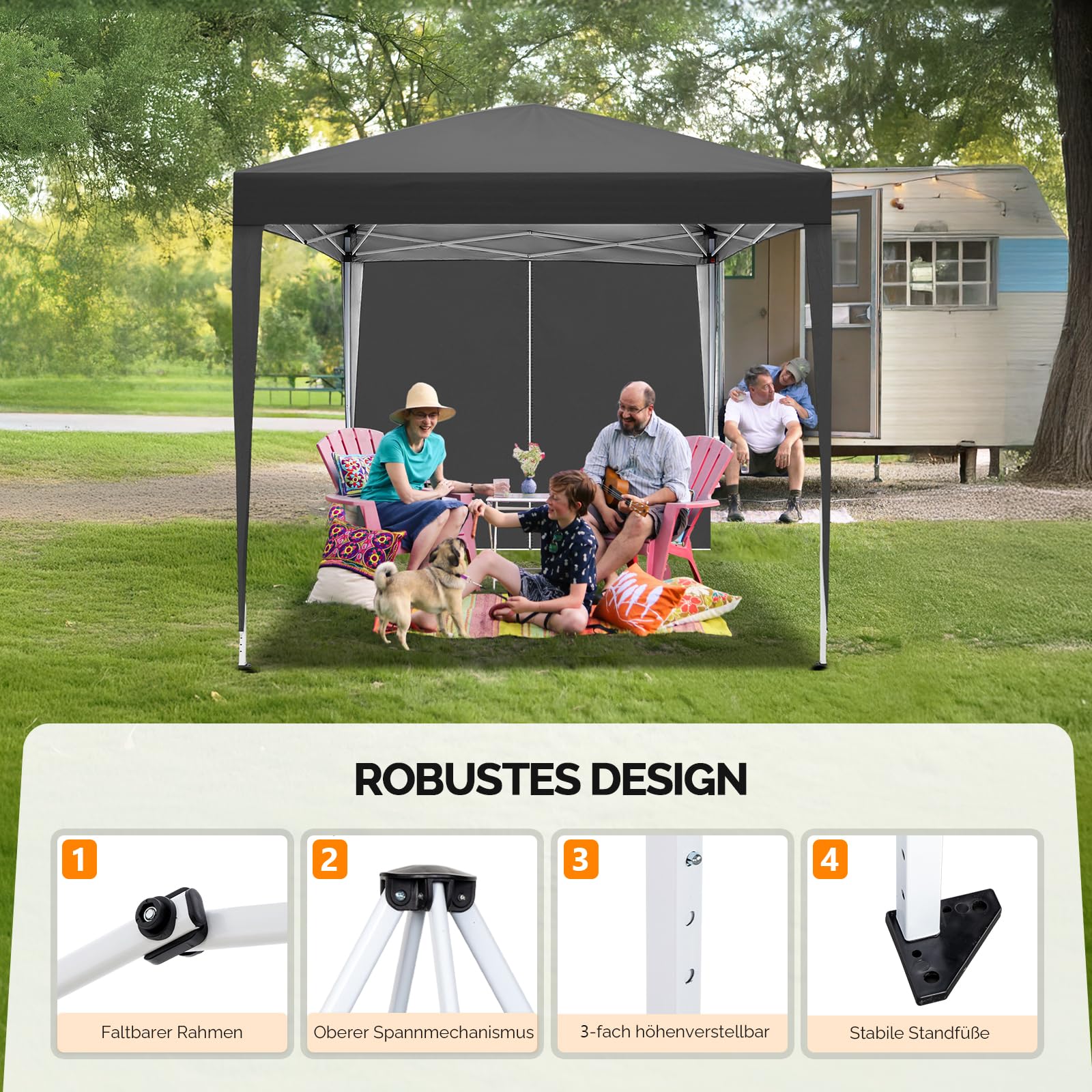 Bonnlo Pop-up Pavillon, Faltpavillon 2x2m, Höhenverstellbar, Wasserdicht Partyzelt mit 4 Seitenteilen, Gartenpavillon für Outdoor Hochzeit Garten Camping Party, Grau