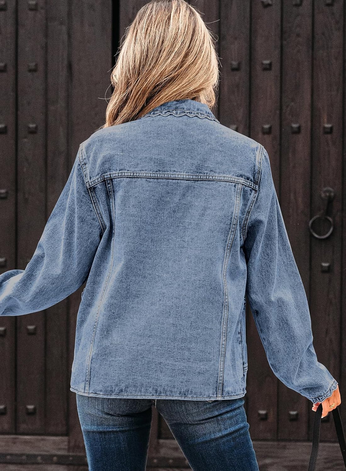 KevaMolly Womens Jean Jacket Scallop Trim Collar Patched Pocket Button Up Mineral Washed Denim Jacket with Pockets - Image 2