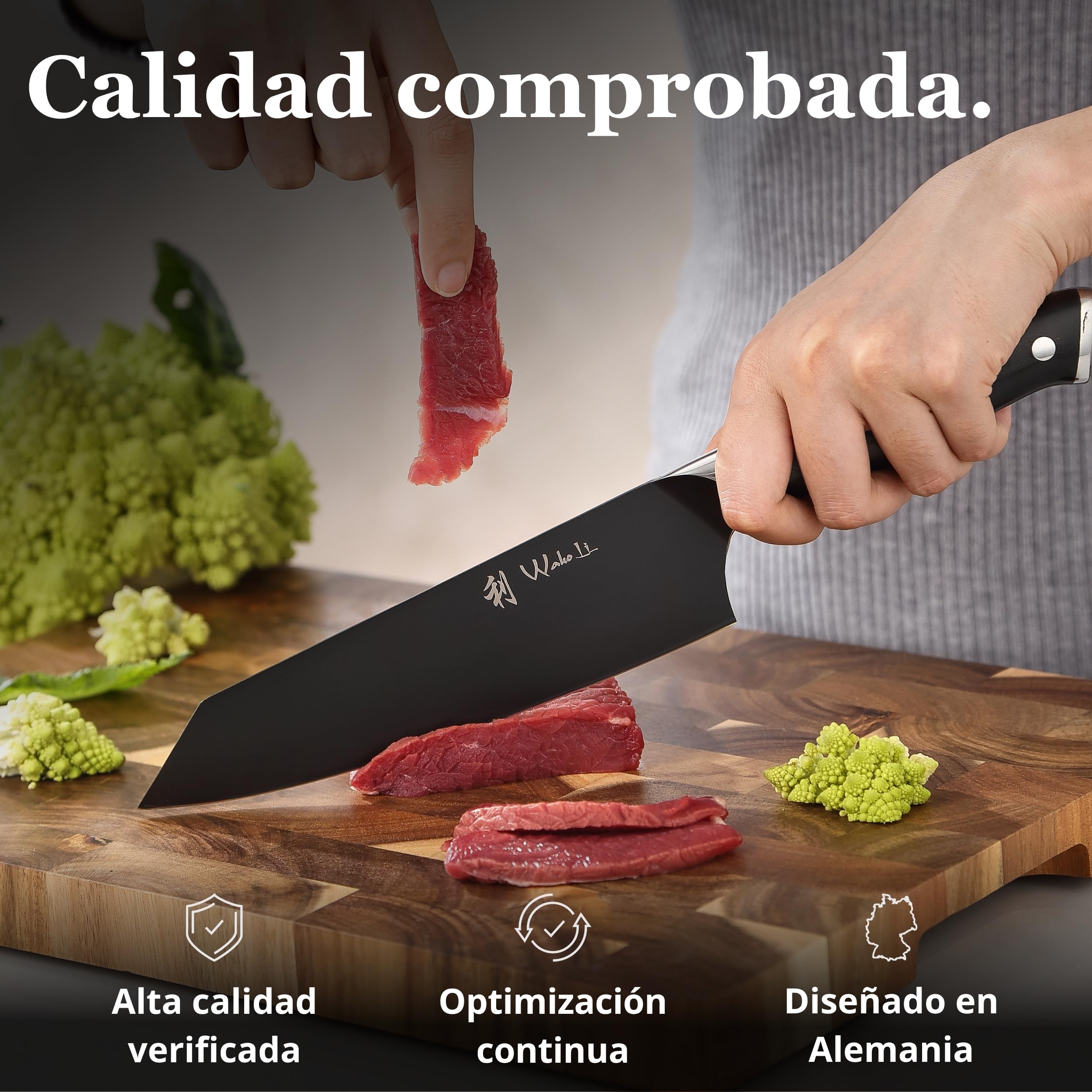 Wakoli Titanium Noir - Juego de cuchillos (3 piezas, acero inoxidable, revestimiento de titanio) | Con Kiritsuke, pequeño Kiritsuke y cuchillo de oficina, mangos G10, 55 ± 1 HRC y doble cara de 15 V en caja de madera