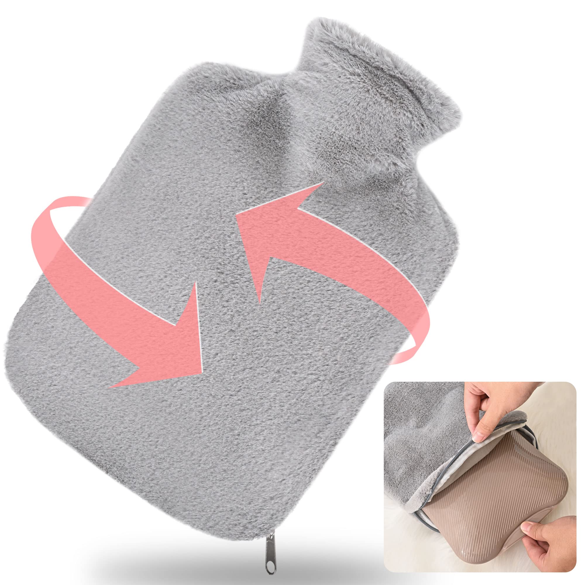 Hot Water Bottle with Cover, 2L Large Hot Water Bottles for Hands, Grey Fluffy Hot Water Bag with Zipper Cover Easy Take on/off, Furry Faux Fur Warm Water Bottle for Men Pain Relief Presents for Women
