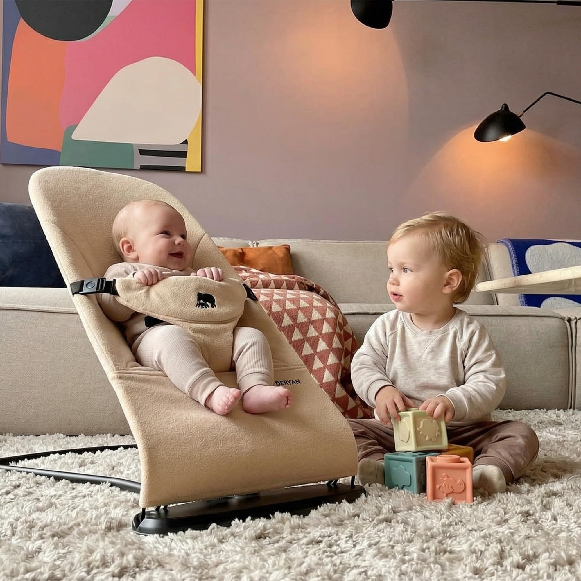Deryan Teddy Bouncer krzesło kołyskowe 3 w 1 – huśtawka dla niemowląt z wkładką dla noworodków, składana i lekka, ergonomiczny kołyskak dla noworodków od urodzenia do małych dzieci - kremowy