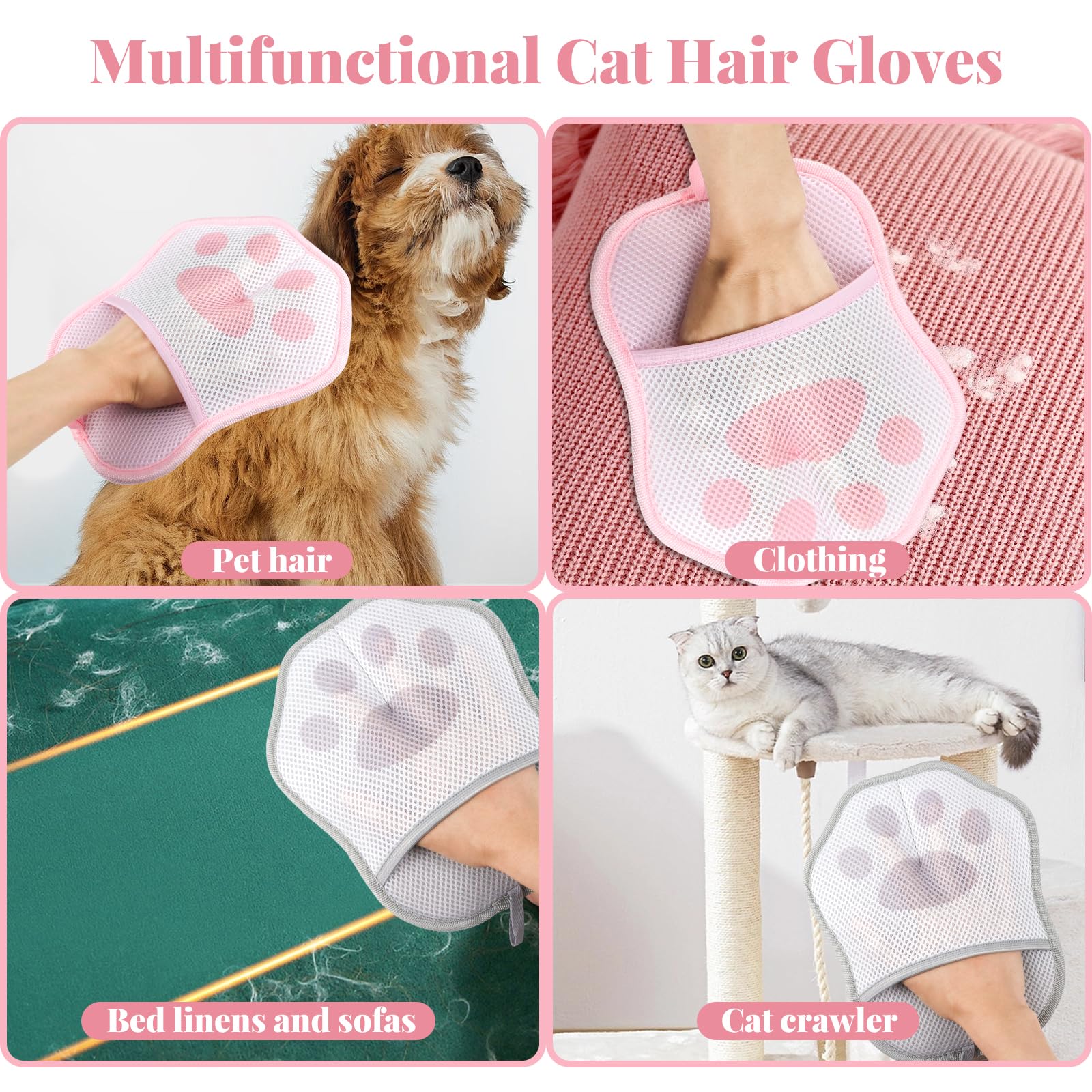 2 Pièces Gant Ramasse Poils Animaux, Gant Anti Poil Chat et Chien Réutilisable Double Face, Brosse Poils Électrostatique pour Canapé & Vêtements (Rose & Gris)