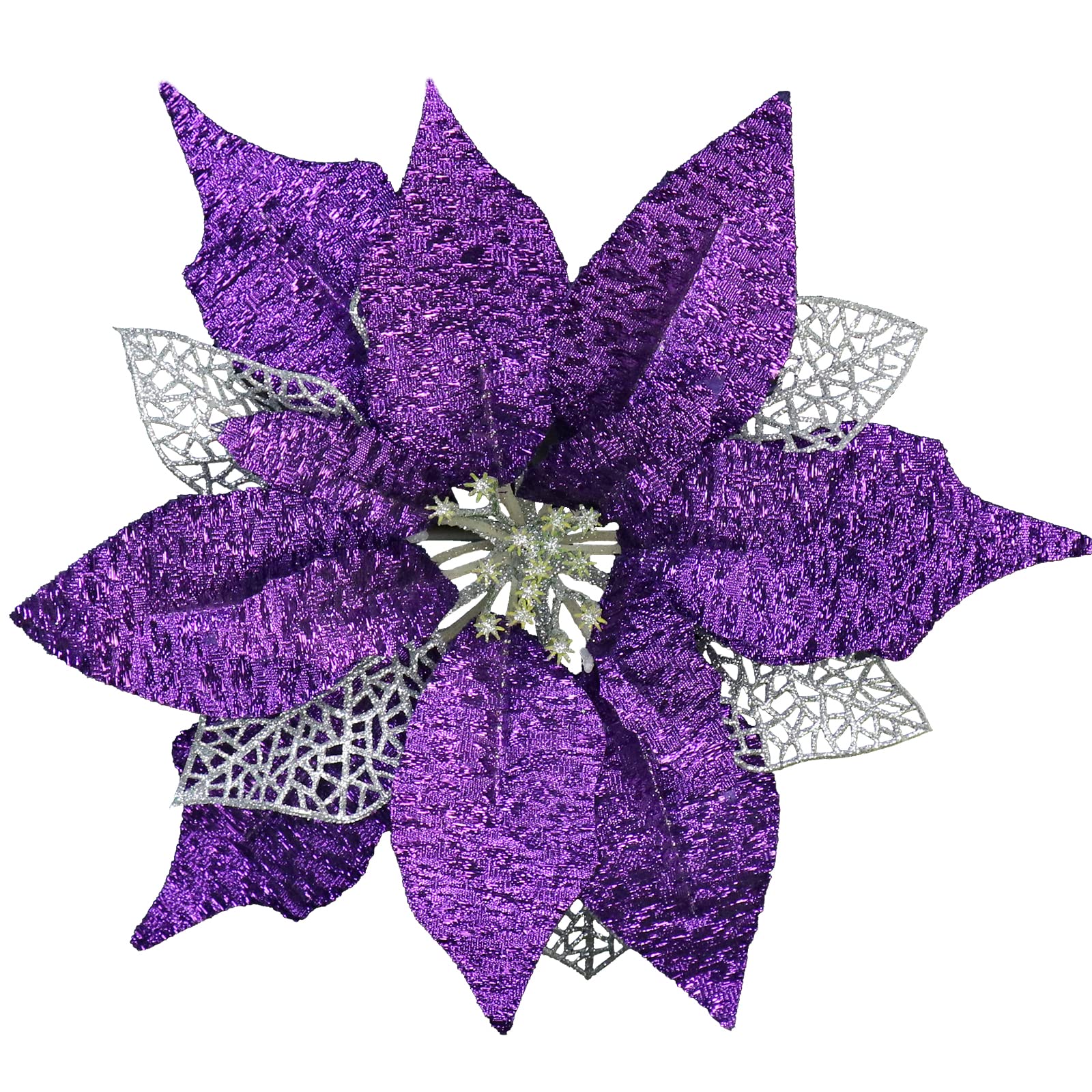 YOSICHY Christmas Poinsettia Flowers Glitter Artificial Xmas Tree Ornaments Decorations with Stems Pack of 12(Silver Purple)