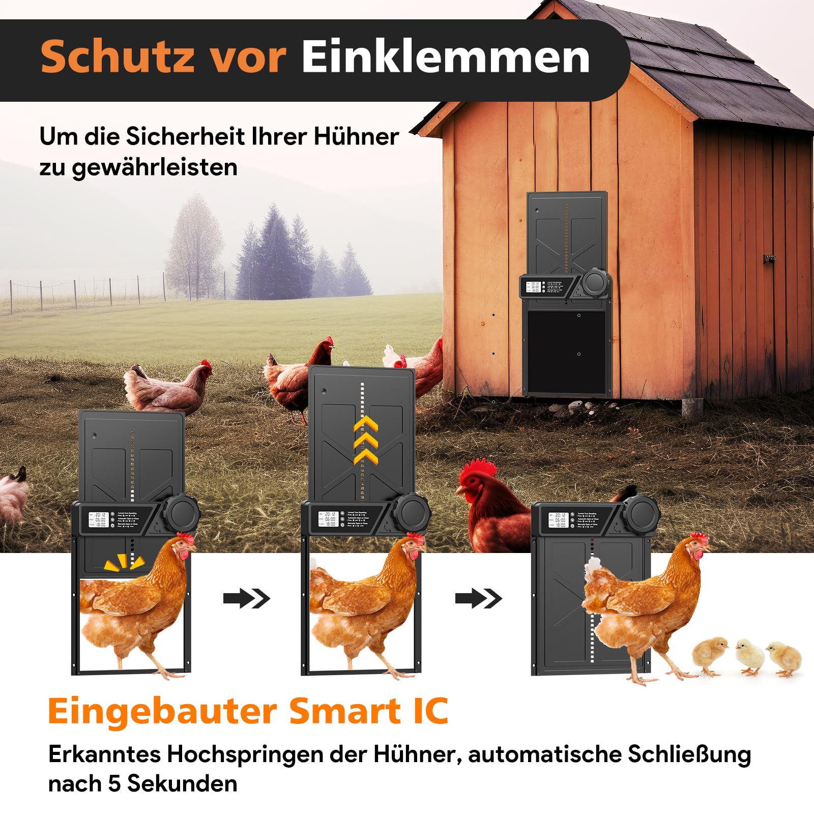 Große Automatische Hühnerklappe Batterie, Aluminum Hühnerklappe Automatisch mit Wasserdicht Großes Display, Timer, Manuelle, Intelligenter Einklemmschutz Elektrische Hühnertür