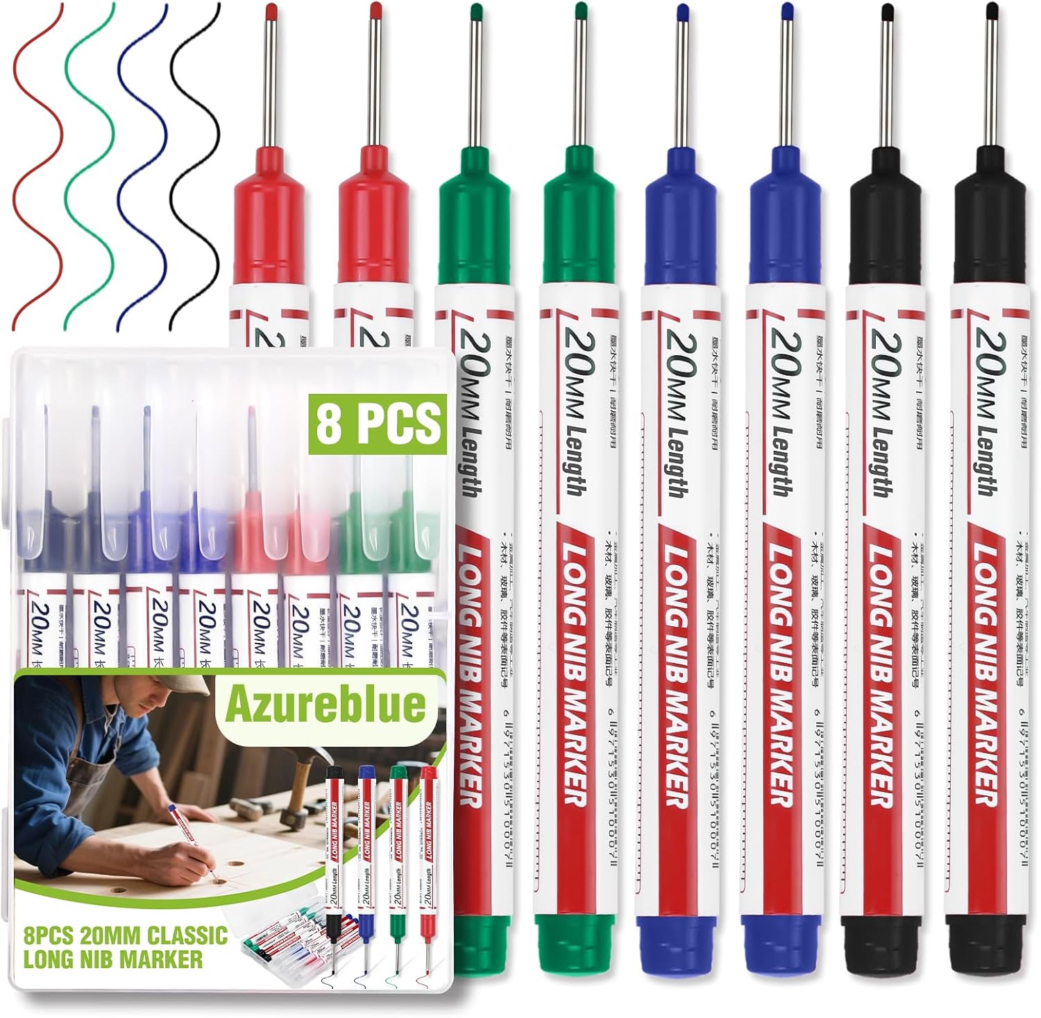 Azureblue 8pcs Long Nib Marker, Long Head Deep Hole Marker Pens, Waterproof Construction Markers Marking Tool, Multi-Purpose Deep Reach Pen Makes For Metal, Carpenter, Woodworking, 20mm 4 Colors