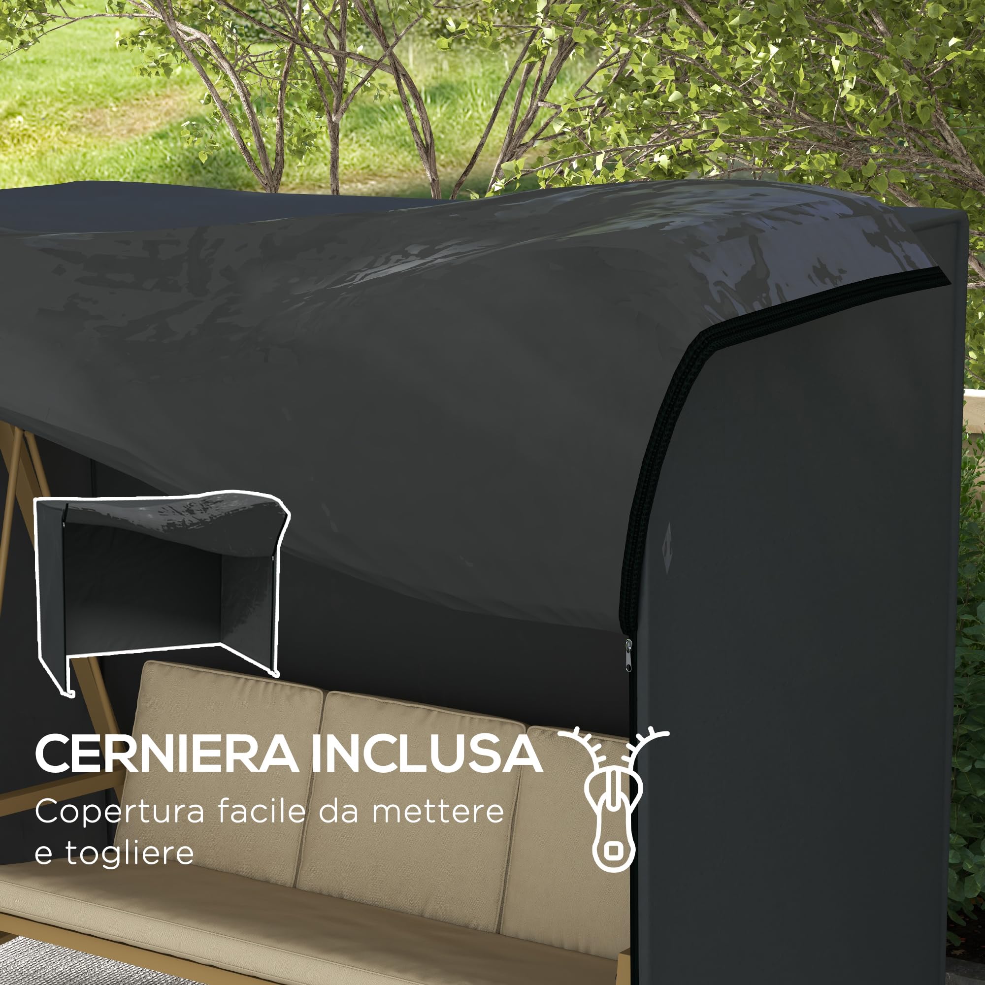 Outsunny Copertura per Dondolo da Giardino 3 Posti, Copertura Dondolo con Telo Impermeabile Anti UV, 220x125x172 cm, Nero