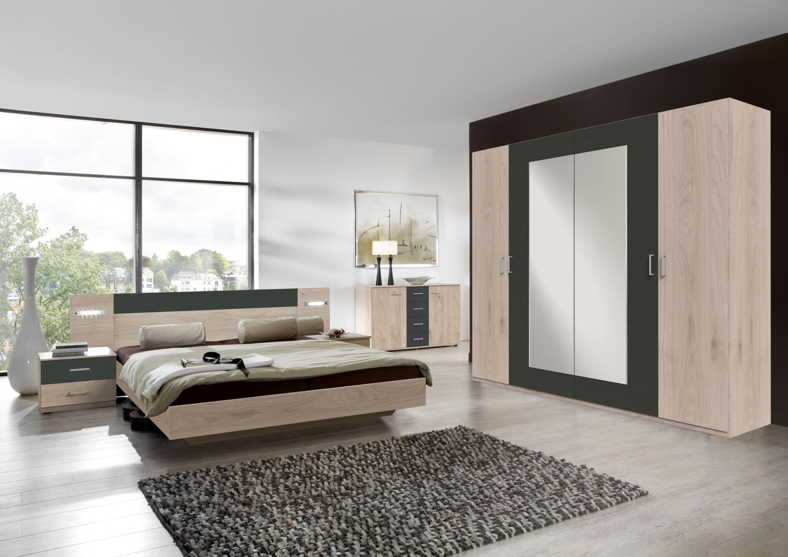 möbelando Komplettschlafzimmer >Angie< in Hickory Oak + Graphit - 519x208x210cm (BxHxT)