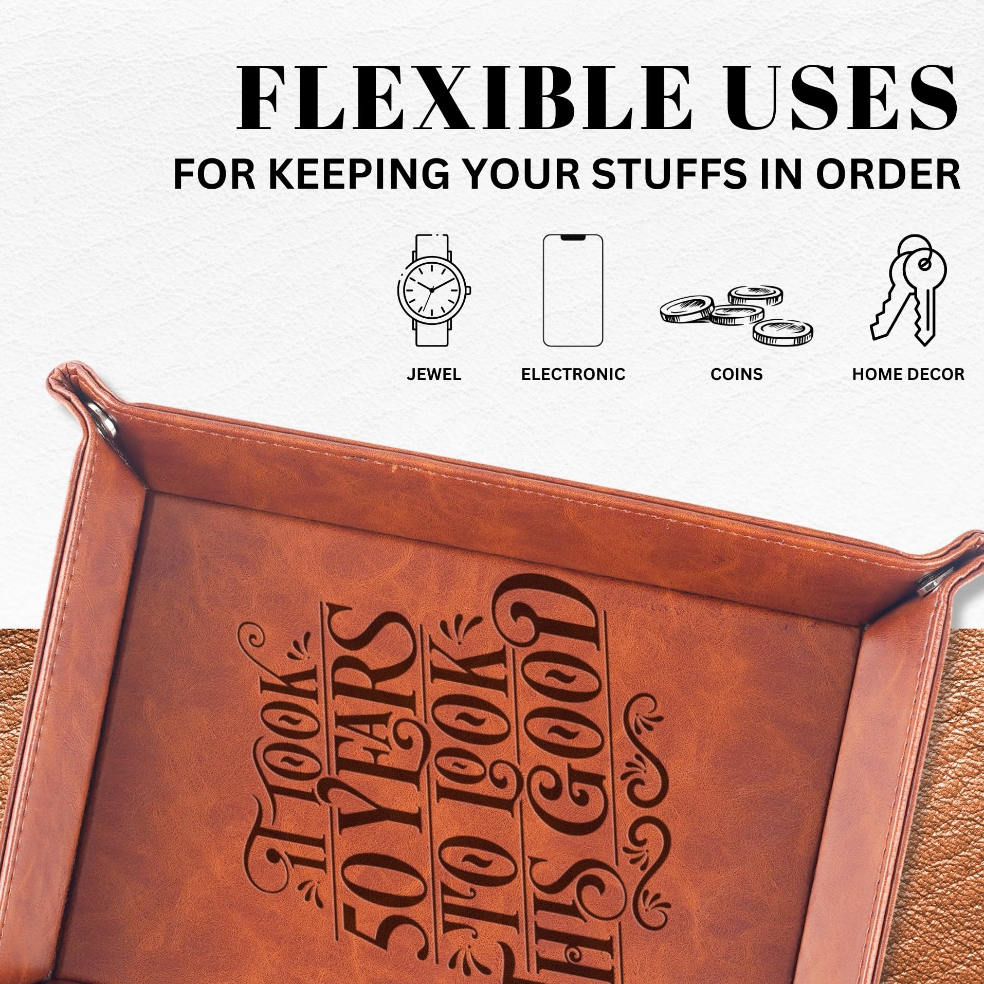 INNObeta 50th Birthday Gifts for Men, Him, Valet Tray for Male, Bedside Tray with Keychain - It Took 50 Years to Look This Good