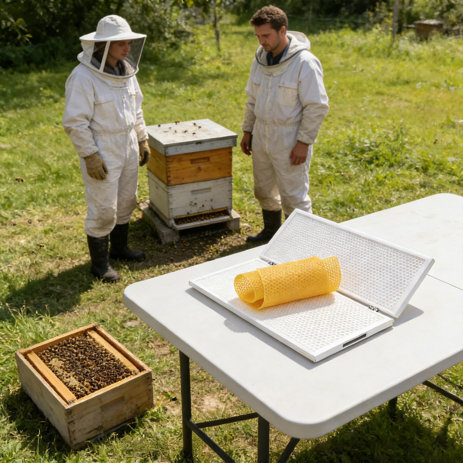 Máquina de prensado de base de abeja, herramienta de molde de relieve de cera de abejas, peine de acero inoxidable y silicona para trabajos de campo de apicultura