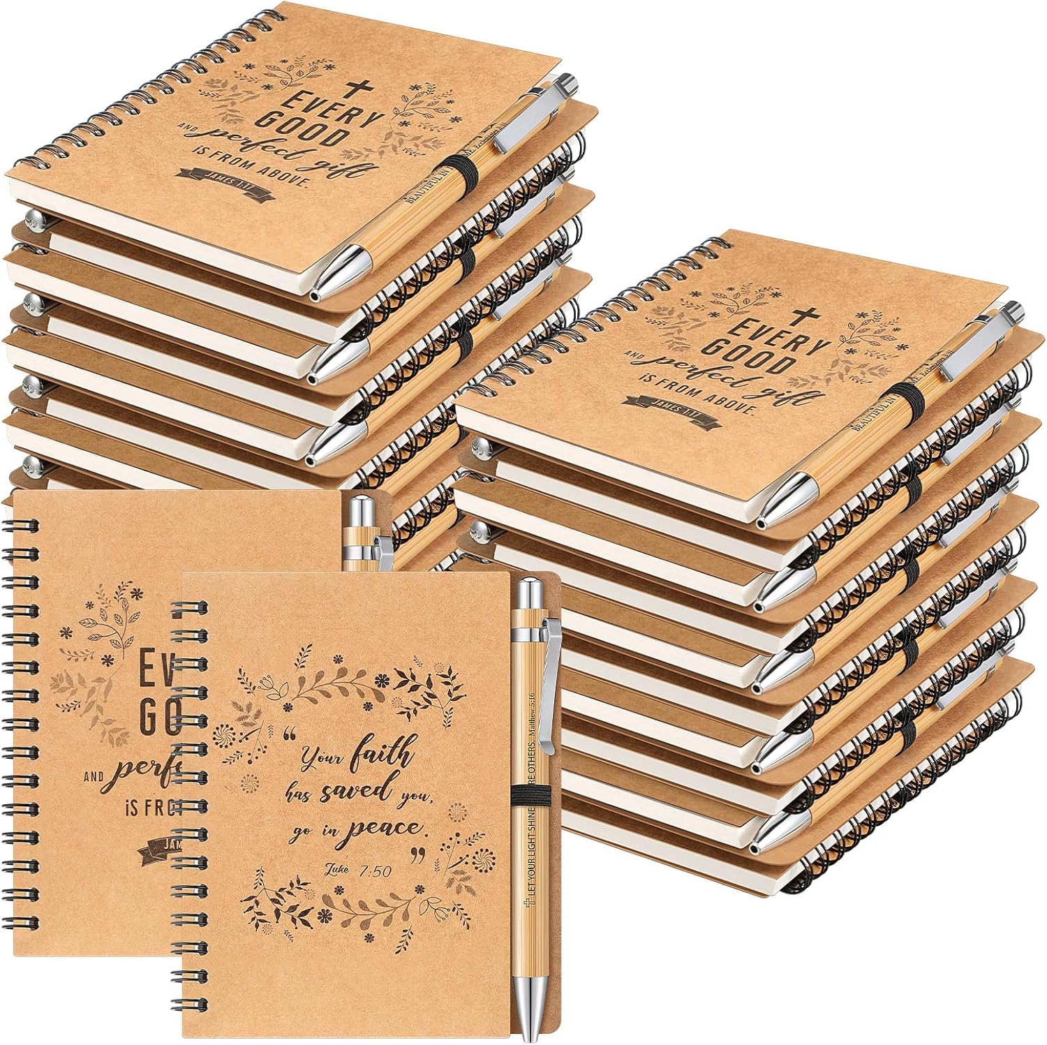 Gueevin 72 Pcs Christian Gift Notebooks Bulk, 36 Inspirational Notebooks and 36 Motivational Bible Bamboo Pens for School Office Bible Study Groups Church Members Families, Mother's Day Thank Gift