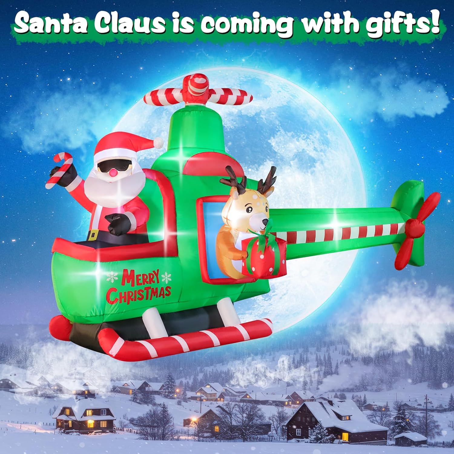 8.5 FT Long Christmas Inflatable Airplane Outdoor Decorations, Blow Up Santa Claus Helicopter with LED Lights, Christmas Santa and Reindeer Flying Airplane for Xmas Decor, Lawn, Yard Holiday Party