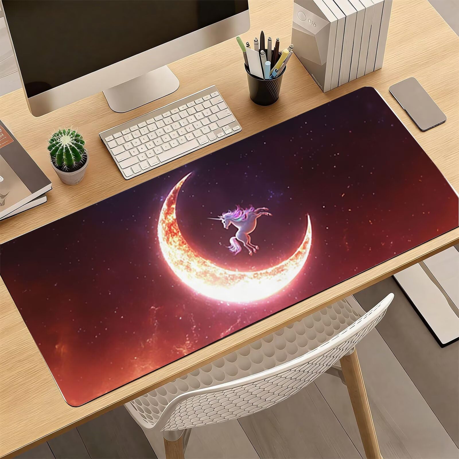 Tappetino Mouse XXL, 70x140cmx3mm Mouse Pad Impermeabile Grand, Gaming Tappetino Per Mouse, Base Antiscivolo in Gomma, Accessori Scrivania, Ufficio Accessori, Cavallo Bianco Luna JX6B-13
