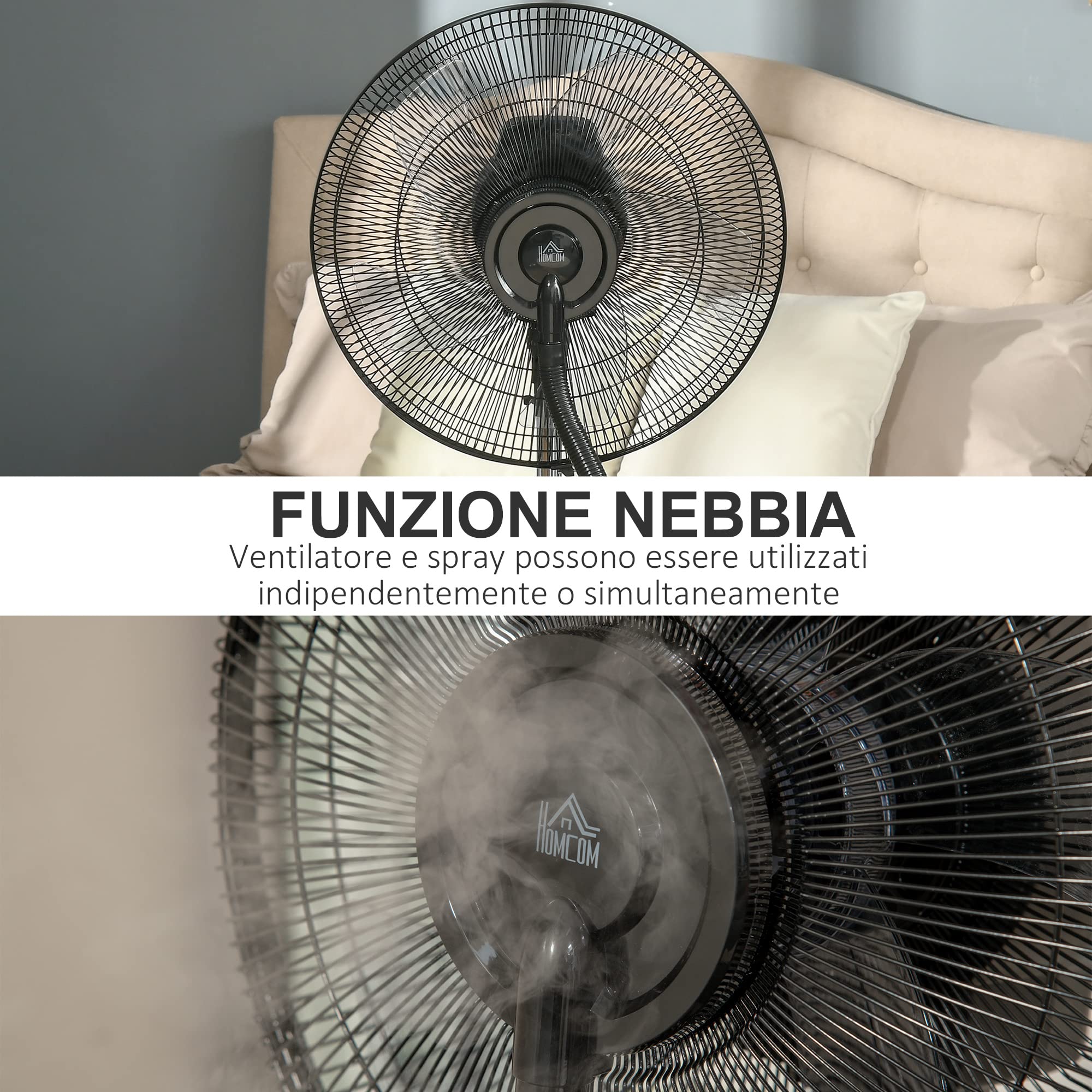 HOMCOM Ventilatore Nebulizzatore con Telecomando da 5m, Timer 12h e Oscillazione 70°, 3 Velocità, 3 Funzioni e Antizanzare, Tanica 3.1L, 90W, Ф44.5x135cm Nero