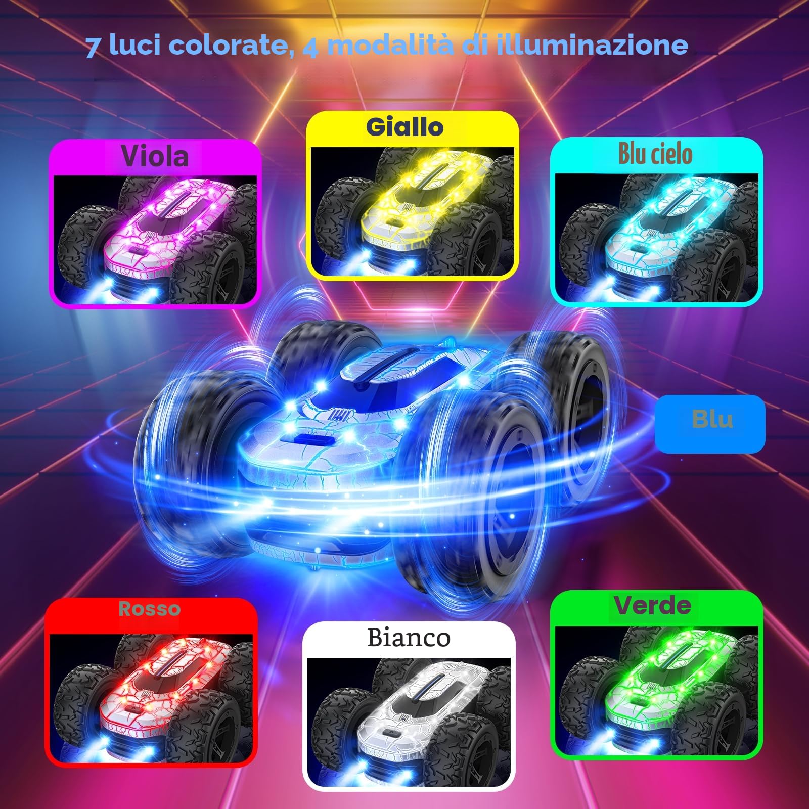 Macchina Telecomandata, Rotazione a 360° con Luce LED 2.4GHZ 4WD RC Auto Telecomandata 3-12 Anni RC Auto Giochi Interno All'Aperto Giardino Regalo Bambino Compleanno Giocattolo, Aregento